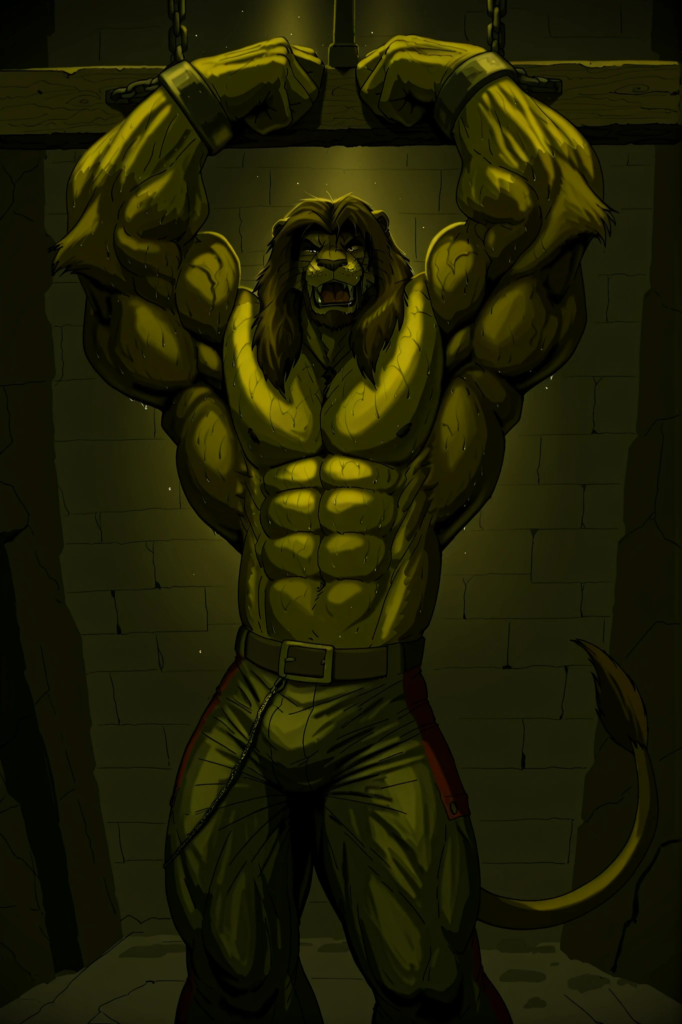(masterpiece, ultra-detailed, cinematic lighting, 4K, sharp focus, full-body, wide shot, dramatic lighting, dark fantasy), Galen Dhaelos — a tall, heroic anthro lion warrior with a thick dark brown mane and expressive, realistic dark brown eyes — is fully restrained in a large, ancient dungeon. wide shot, He is bound in a dramatic crucifixion pose on a massive metal X-cross bolted to the stone wall behind him. Heavy iron chains pull his arms and legs wide apart, stretching his muscular but proportionate body. A strong **frontal magical light** shines down on him from above, illuminating his chest, abs, and face, while the surrounding dungeon remains in deep shadow. His upper body is bare, showing defined but natural muscle structure beneath soaked fur. He wears torn dark pants. A glowing ghostly fist slams into his abdomen in this moment — a **clear, visible gut punch**. His torso folds slightly at impact, mouth open in a pained roar, fangs bared, spittle and sweat flying, eyes clenched shut. Behind him, the X-cross is clearly visible — iron, weathered, riveted, surrounded by faint magical glyphs. Torchlight flickers on the dungeon walls, casting ominous shadows. The scene captures pain, resistance, and epic tension in a grim, magical world. Tags: crucifixion, CROSS_X, x-cross, chained, struggling, heroic dark fantasy