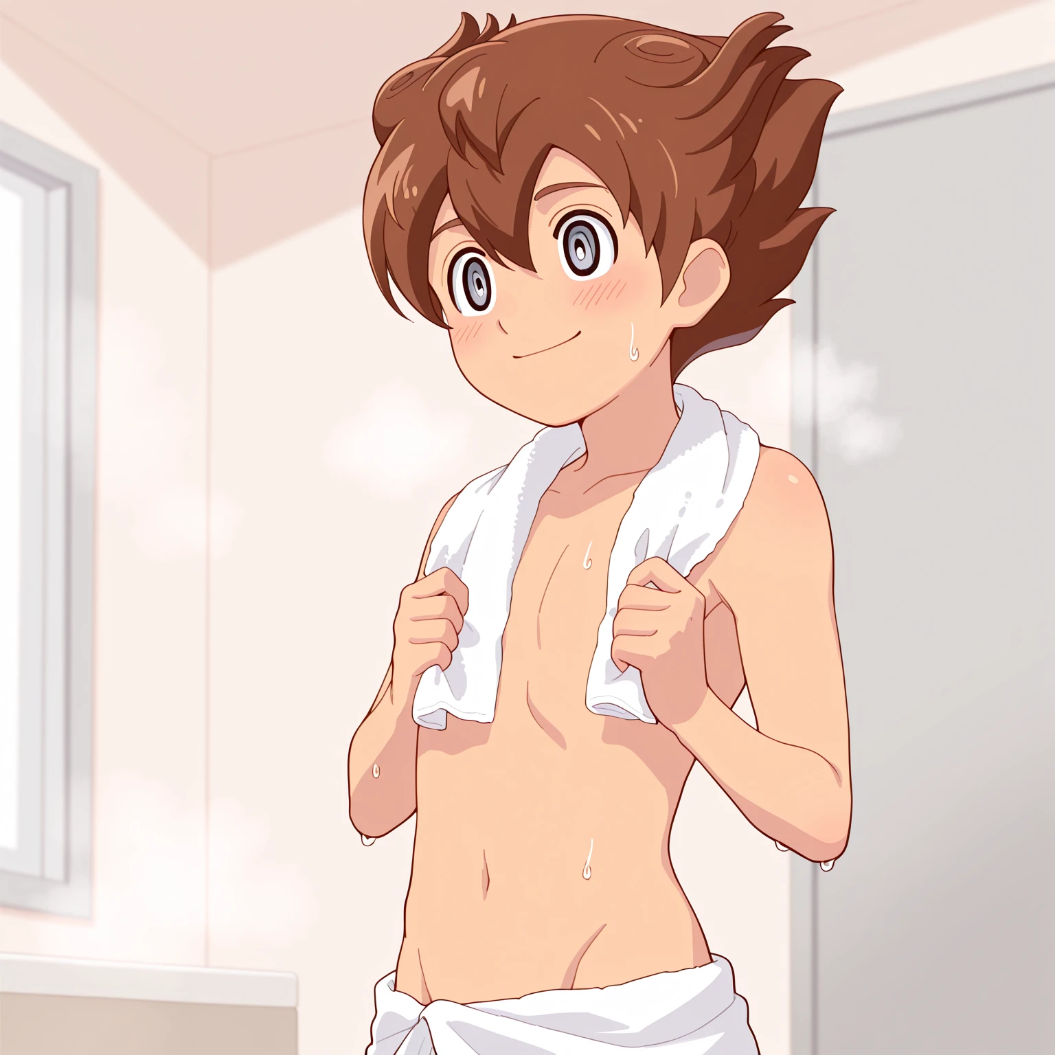 Edward,midriff,orange hair,wet hair,collarbone,tan skin, naked,taking shower, washing hair, wet body, washing her arm, blush stickers, brown eyes, bathroom,standing, smiling, breasts, cleavage (insanely detailed, beautiful detailed face, masterpiece, best quality), ((18 years old))