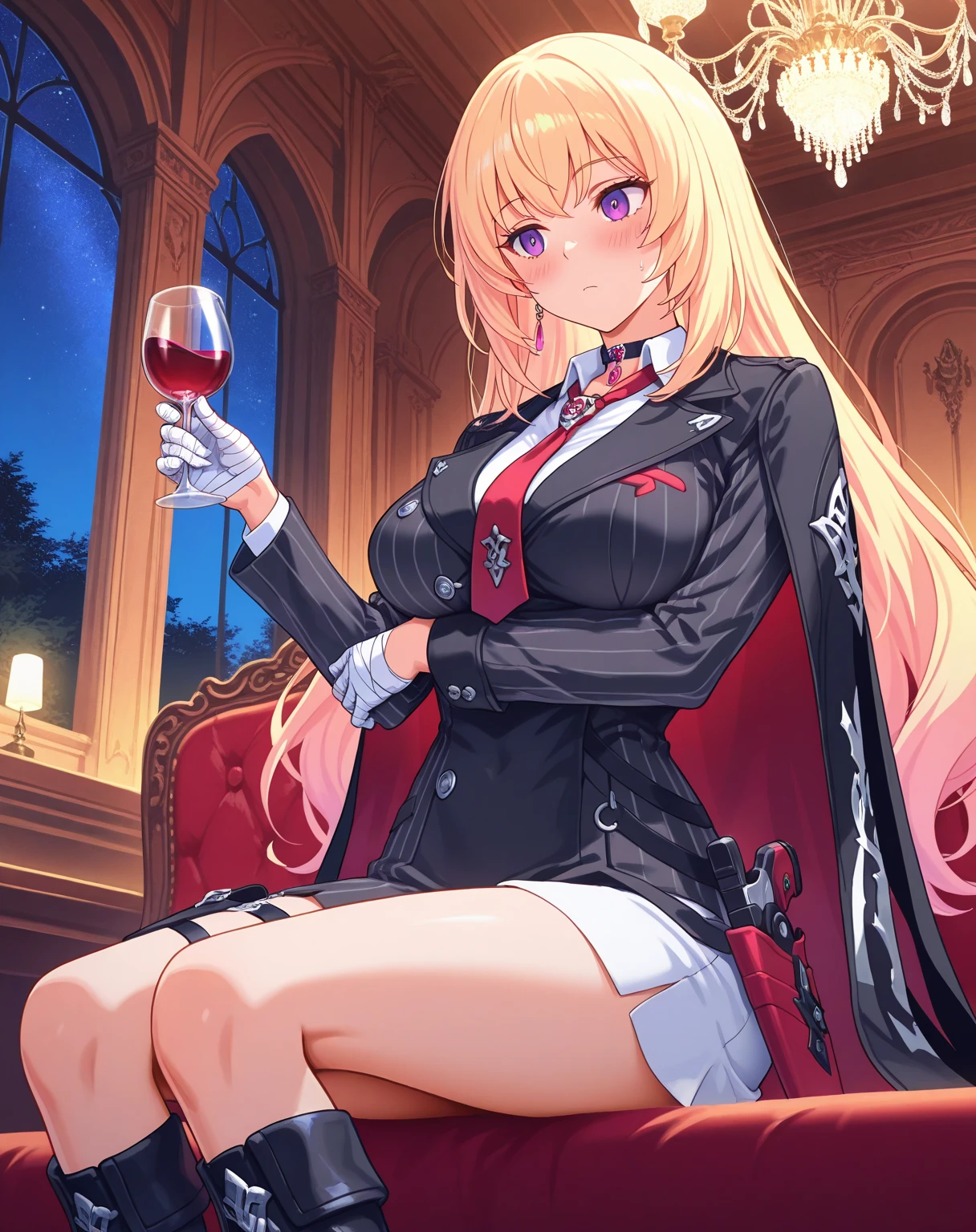 Close-up of a woman sitting on a chair holding a wine glass, Concept art by Kamagurka, Pixiv, shin hanga, Tear from Overlord, Bloodstained, Ahegao, Overlord&#39;s Albedo, hanayamata, Succubus in a tight short dress, Beautiful Succubus, marin kitagawa fanart