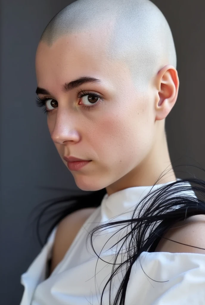  looking at viewer, woman, (((half finished shaving her own long black hair to bald skin with hair clipper))). (((where the hair clipper is long cut hair from her head is falling away from her head to the ground))), ((short cut strands of hairs cover her face, body and clothes)). she is (currently shaving her head, hair is being cut and is falling away from her head), (((the hair clipper is actively shaving hair from her head, you can see it as it falls away))). A Pile of black hair is at her feet, all that hair she has shaved from her head. bald scalp, partially bald, cutting hair with hair clipper. loose cut hair on her. 