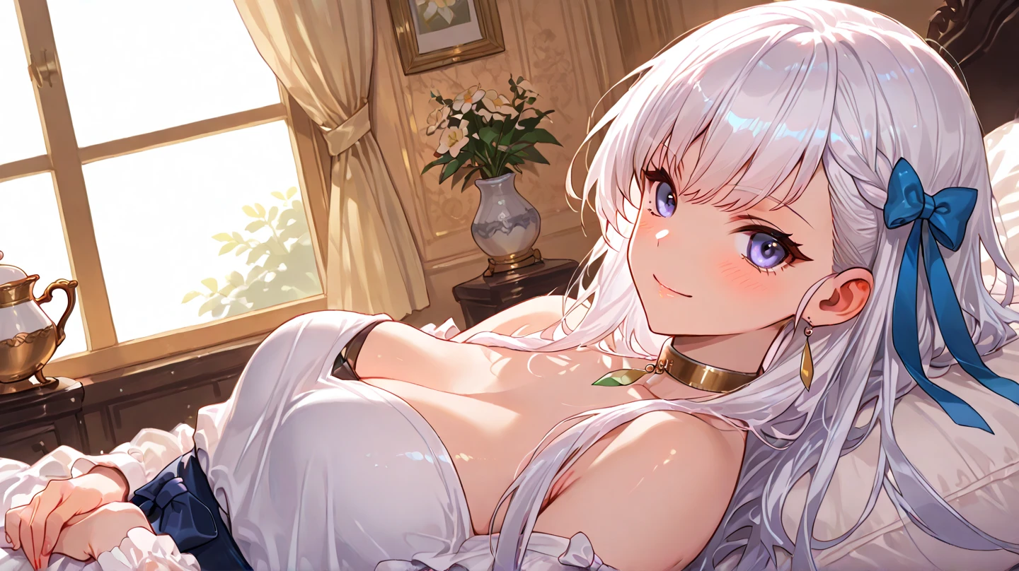 hiten kei style, claude monet, oil painting, blonde hair, nsfw, masterpiece, 1 girl, erect nipples, intricately detailed, topless, navel, bare shoulders, necklace, erect nipples, puffy nipples, fabric skirt with gold trimmings, royal bed, curtains, gold furnitures, window, bedroom, curtain, Blue sky, extremely detailed, cg masterpiece, bare breasts, nipples, light blue eyes, bare stomach, sweaty, medium breasts, pale skin, smiling, flat colored, tiara, long hair, head tilted to side, princess, cowboy shot, thigh strap, bed chamber