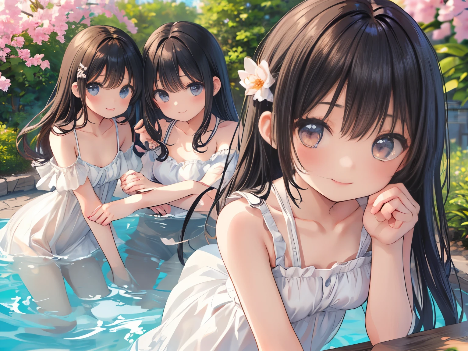 highest quality、High resolution、Detailed Background、(Beautiful face in every detail:1.4)、Anatomically correct、Teenage beauty、Cute color hair color、Cute hairstyle、well-groomed eyebrows、In a joking manner、A big smile、Cute gestures、Fit on one screen、Pools and other water play spots、(Three girls playing:1.5)、
Splashing and floating in the water、By the pool、Children are happily swimming on swim rings and pool toys floating in the center of the pool.、Stand on the edge of the pool and jump with your friends, holding hands、sitting on the edge of the pool with feet in the water、Water gun and water balloon fights in the pool、Splashes of water, smiles and friendship、
The white dress with lace design gives an elegant and sophisticated impression.、Lace on the sleeves and chest will add a more glamorous touch.、This simple and sporty white mini dress is perfect for active teenage girls.、
A white dress with off-the-shoulder and frills will accentuate your femininity while also creating a cute look.
