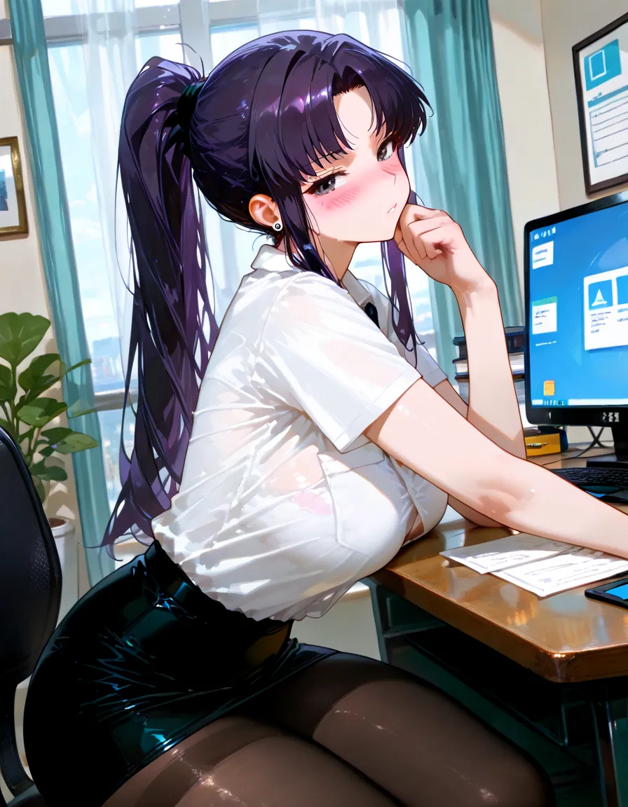 Keqing, genshin impact, 1 girl, alone, ((white shirt)), barefoot, big breasts, ((blush:1.2)), cleavage, uniform, office background, denim shorts, office, hair between eyes, messy hair, large chest, hair ornaments, long hair, looking at the viewer, purple hair, choker, pierce, ear piercing, lip piercing, purple short nails, purple eyes, alone, ((long slender legs)), plump thighs, very long hair, ((masterpiece)), sitting, Chair, machine, computer on machine, name tag, id tag, indoor, I can see through my clothes, Beautiful woman, Pose that emphasizes the chest