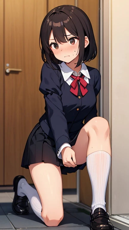[[anime styled]],[[digitalart]],masterpiece,best quality,high resolution,Tomomi_Xijing,black hair,Short hair,Hair Ribbon,red eyes,midium build,(red ,red winter clothes,long sleeves,long skirt),NSFW,1girl in,独奏,((standing)),(Portrait),((pussy focus)),[from below],(short torso),Perfect Lighting,[bare breasts,nipples:1.3],(skirt lift,up skirt),show off panites,((lite blue striped panties)),smile,blush,(underwear:1.2), (strong light),((brighten the subject)),spread legs, break background classroom,