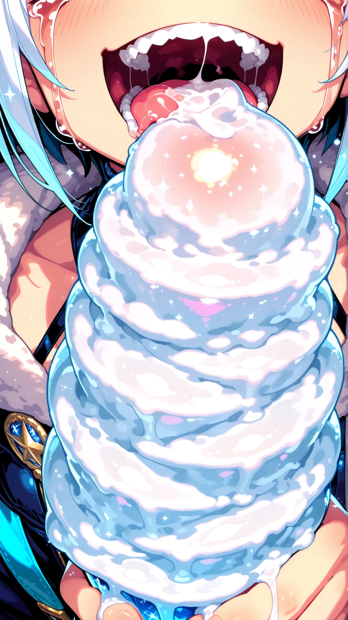 ((Laughing and crying)), 2girls, close up faces, holding hands, highres, perfect natural lighting, professional quality, deep depth, bokeh, glitter background, award art, upper bodys, melting white bold ice shaped as white penis, handjob, bold white ice stick, lick tongue to tongue, covered penis, cum on tongue, ice cream covered penis,