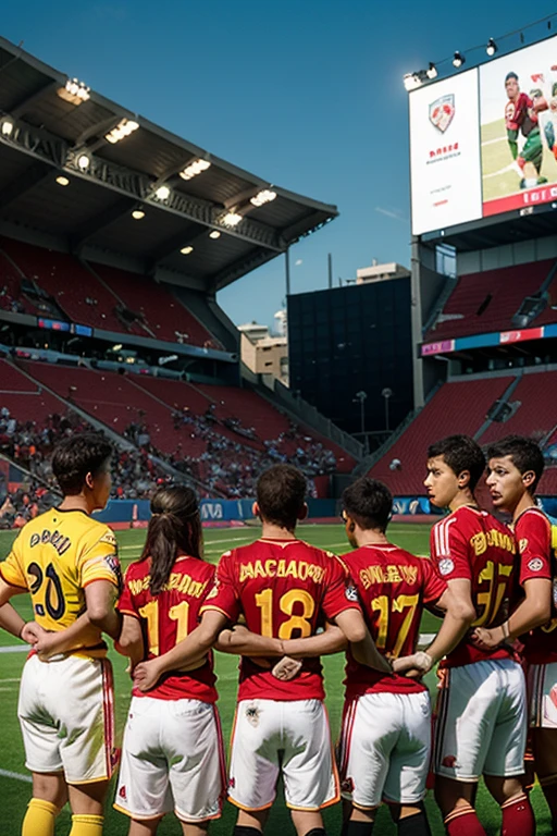 (Children's Day illustration), three children dressed in casual sportswear raise their hands and cheer on the football field, which is bright and warm, surrounded by streamers and balloons, and the crowd cheers. Characters occupy a small part of the picture.