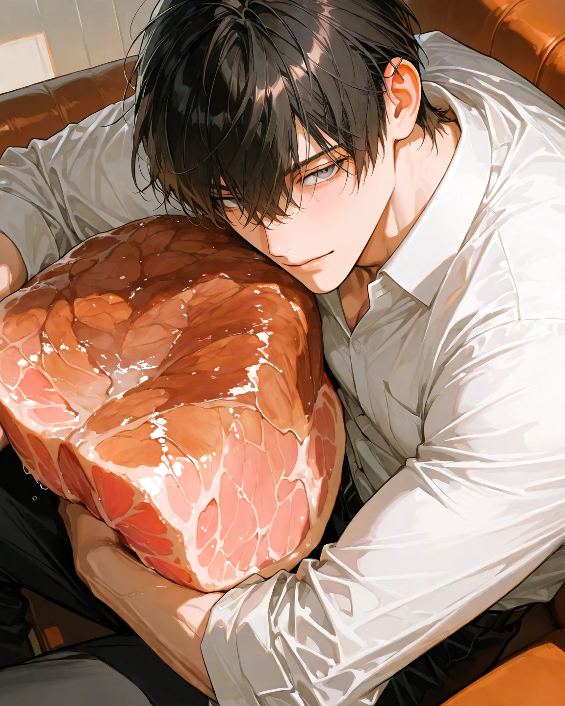 Luffy with a meat in his hand on the going-marry ship and hugging a giant meat.
