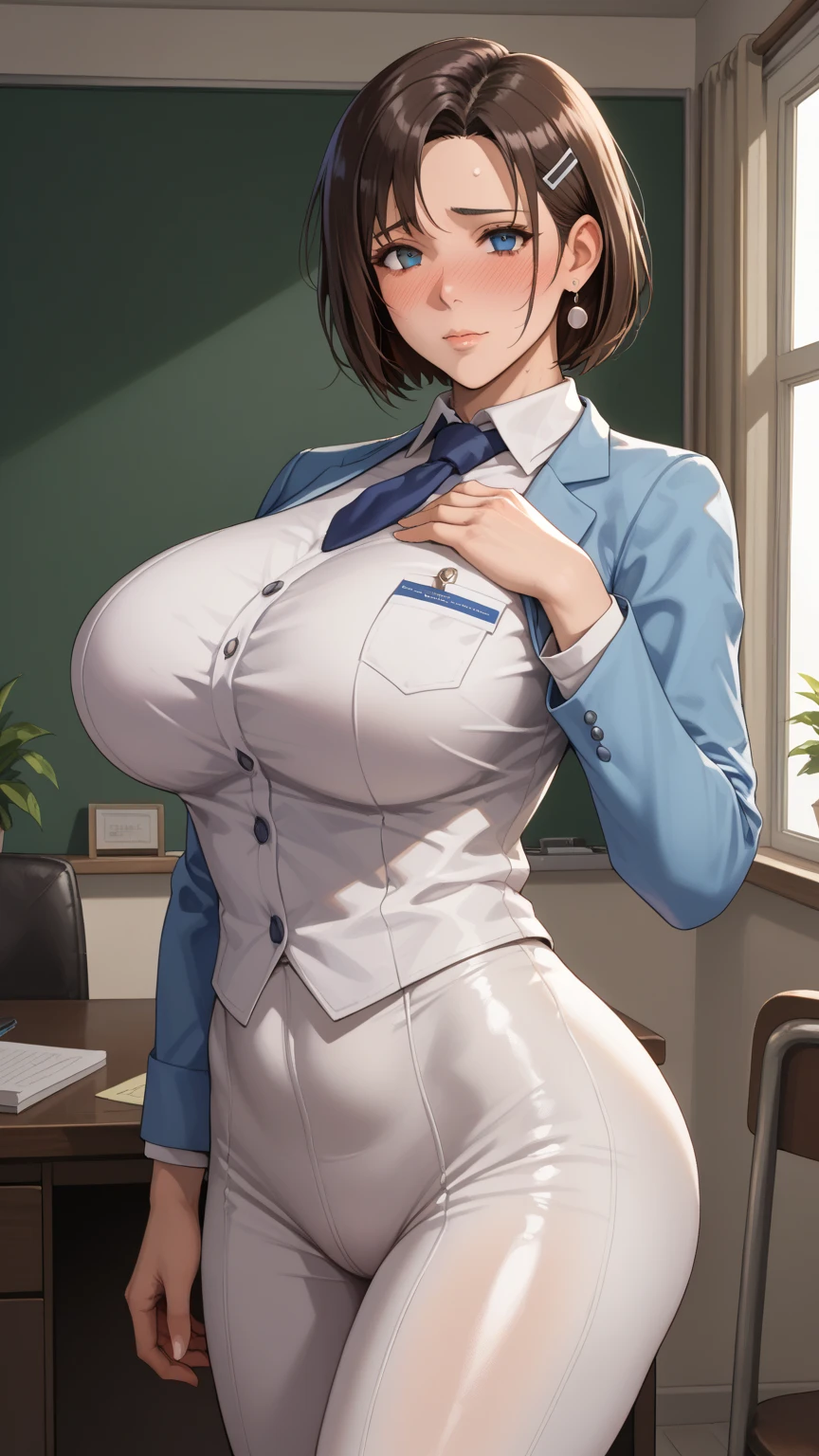Focus: Mature Female
Appearance:
Body: Hourglass figure, thin waist, big perfect round breasts (avoid sexually suggestive phrasing)
Attire: Business outfit (formal jacket, necktie or tie, white shirt, high-waisted skirt, heels)
Style: Photorealistic, hyperrealistic (1.0)
Quality: Masterpiece, best quality
Details:
Face: Extremely detailed, perfect lighting, detailed eye makeup, nice features (eyes, hands)
Eyes: Nice, detailed, realistic pupils and iris (1.0) - Heavy eye makeup
Hands: Nice, perfect
Setting:
Background: Restaurant
