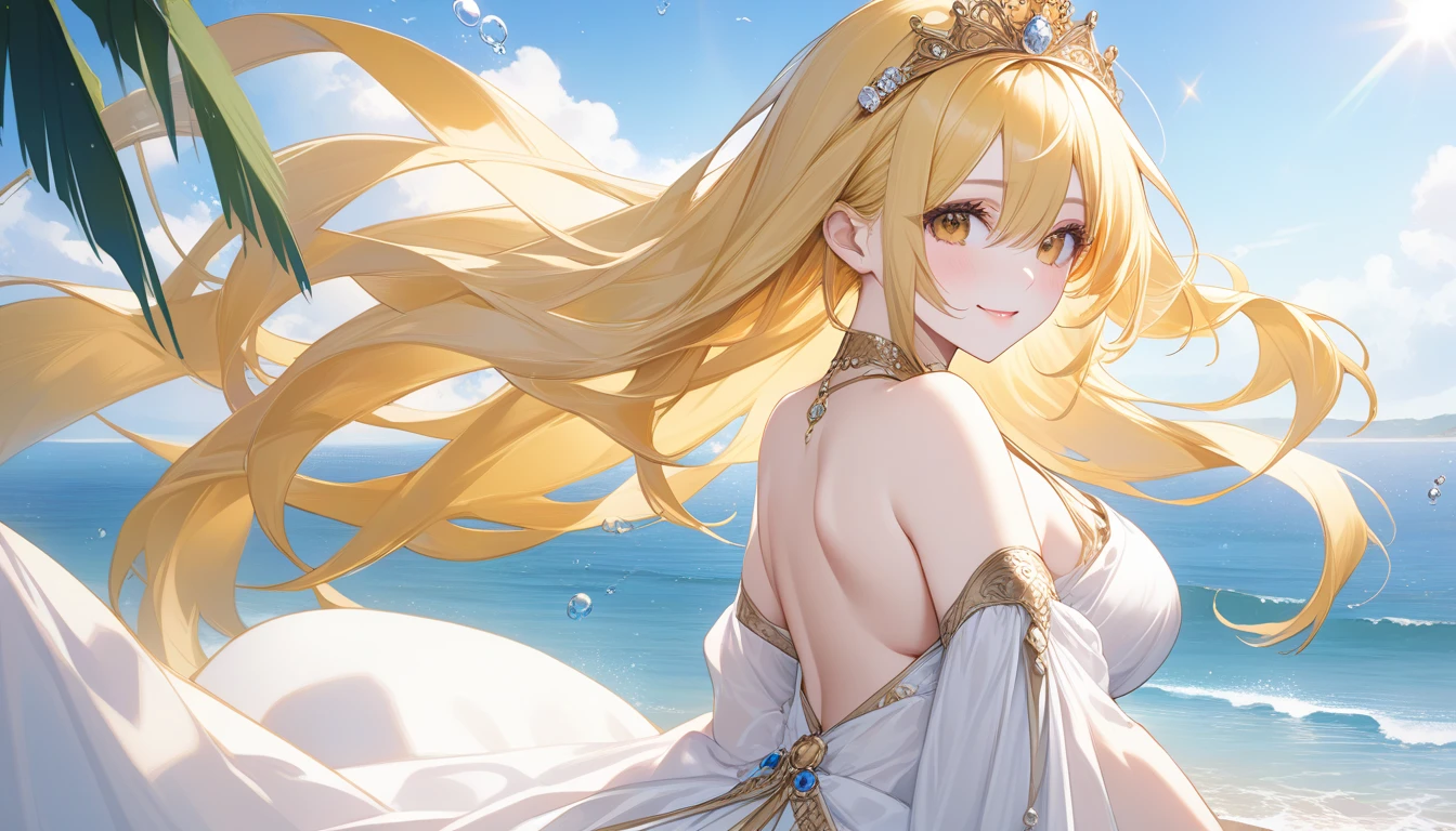 Long Hair, smile, Blonde, Golden Eyes, underwear,goddess,diesirae,Soft Light, Gentle colors, Hair that hides one eye, Sparkle Effect, Overlooking, masterpiece, Textured skin, Ultra high definition, tears, Super long hair, Hair behind ears, Hair blowing in the wind, Hair Flower,