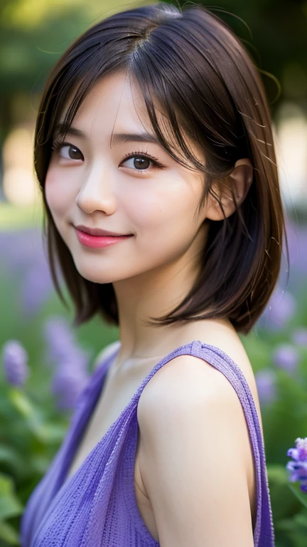 (software:1.8、masterpiece, highest quality, SONYα9ⅡF2 lens shooting),1 girl, alone, have, realistic, realistic, looking at the viewer, light brown eyes, Brunette short bob hair with highly detailed shiny hair, short hair:1.8、Beautiful face in symmetry、spring clothes:1.6, Whity, lips, bangs, outdoor, closed mouth, Upper body、Big eyes、eyelash、((Very simple light purple background:1.8))、(((bangsのあるshort hair、Big eyes、big and full chest、look at the audience、beautiful beauty、show me your ears、long neck、smile、please close your mouth and smile)))、ideal body proportions、(({Huge|big|huge|mega} chest:2, cleavage:2、happy smile、beautiful teeth、))