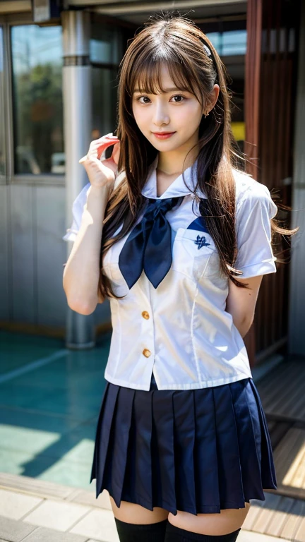 Nipples visible from white shirt, wet shirt, no panties, full body figure, black hair long straight, high school student, uniform, sexy, bra, Japan person, 17 years old,
