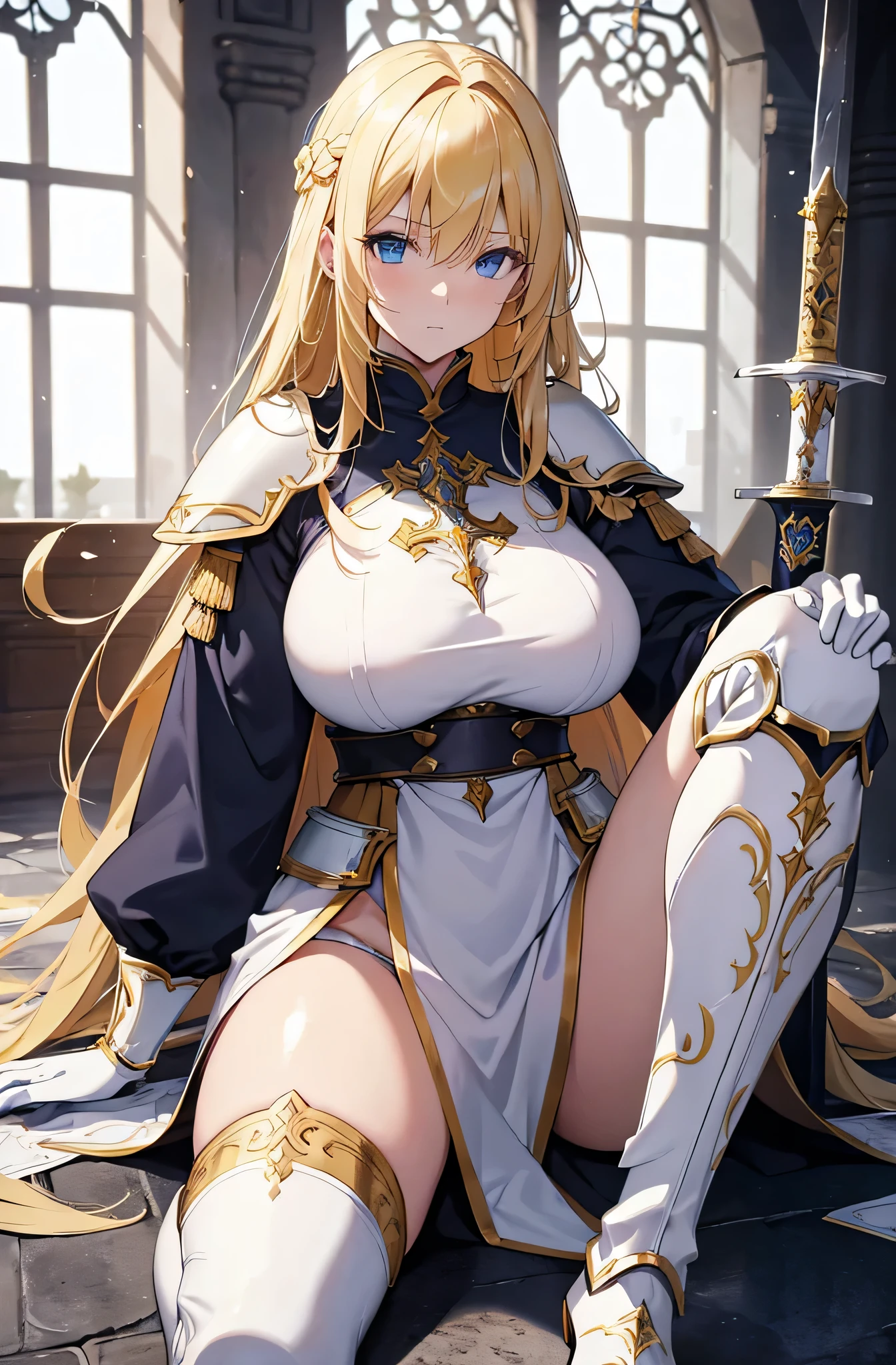 Medieval Knight。crusader。An illustration。girl。gold。Big Breasts。Fantasy。Exposed。White skin。mini skirt。Big Breasts。Showing her panties。With legs apart。With legs apart。Fresnel。The hair is transparent with light。Thick thighs。She's flipping up her skirt herself。Hands outstretched and held out。