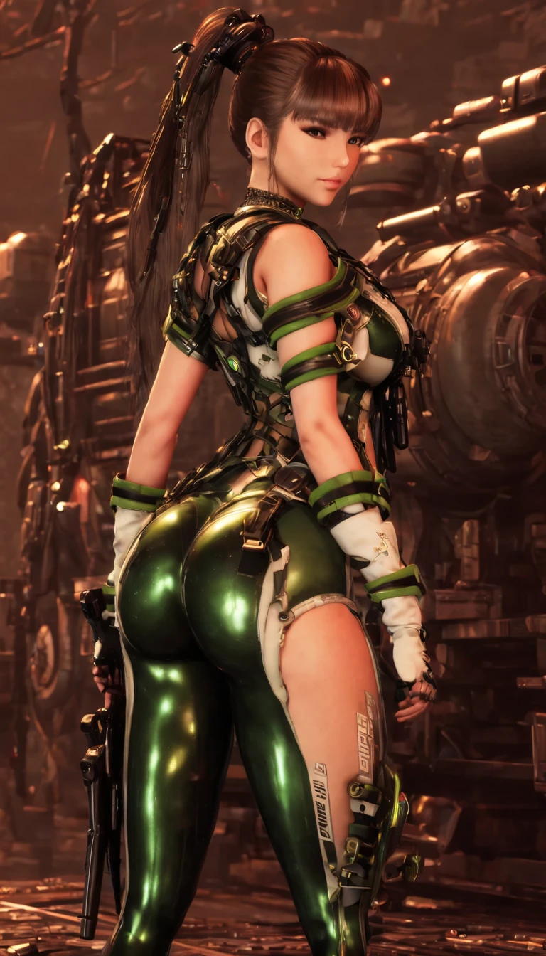 Eve, Stellar Blade, big breast, thicc thighs, curvy, 1girl,solo,heavy makeup,cute,earrings,ring braid,(lewd smile:1.1),holding big mechanical sword, ponytail,idol,hooker,military uniform,(battleground:1.1), showing back, big buttocks, 