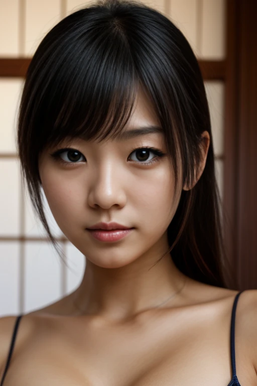 Japanese woman in her 20s Long hair, black straight hair Her breasts are G cup Big Eyes Smile and give a cute impression Revealing clothing, full body Completely naked