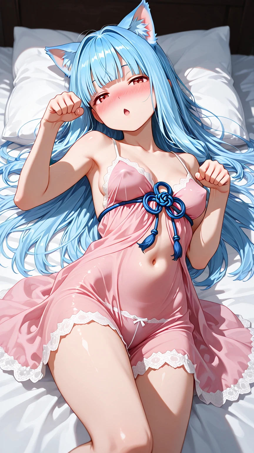 ((an anime girl with light blue hair and red eyes)) ((Breasts 200 cm)) ((Waist 40 cm)) ((Hips 200)) ((Dressed in a without any clothes )) ((back)) ((blushes)) ((NFSW)) ((exposed part)) ((Lying on a bed with legs open))