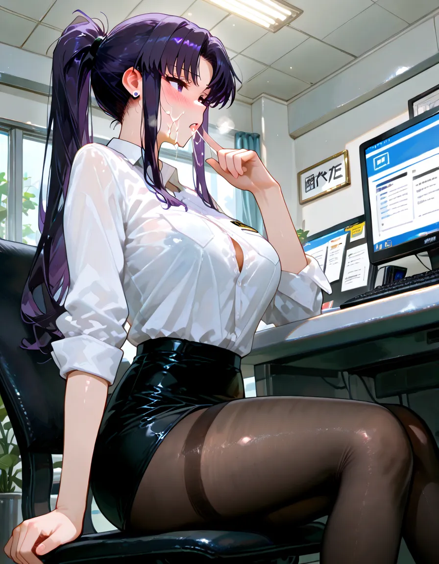 MC, ahoge, (long hari, purple hair:1.3), hair ornament, dark-blue eyes, anatomically correct, heavy breathing, mature female, 1girl, skirt, breasts, glasses, pantyhose, pencil_skirt, looking_at_viewer, blush, solo, miniskirt, indoors, smile, large_breasts, open_shirt, blue_shirt, breasts_outside, mole, thighs, (sweating:1.3), hollow eyes, bright pupils, dark-blue eyes, looking at viewer. glowing eyes heavy breathing, seductive smile, (steaming face:1.3), blush face, lips,