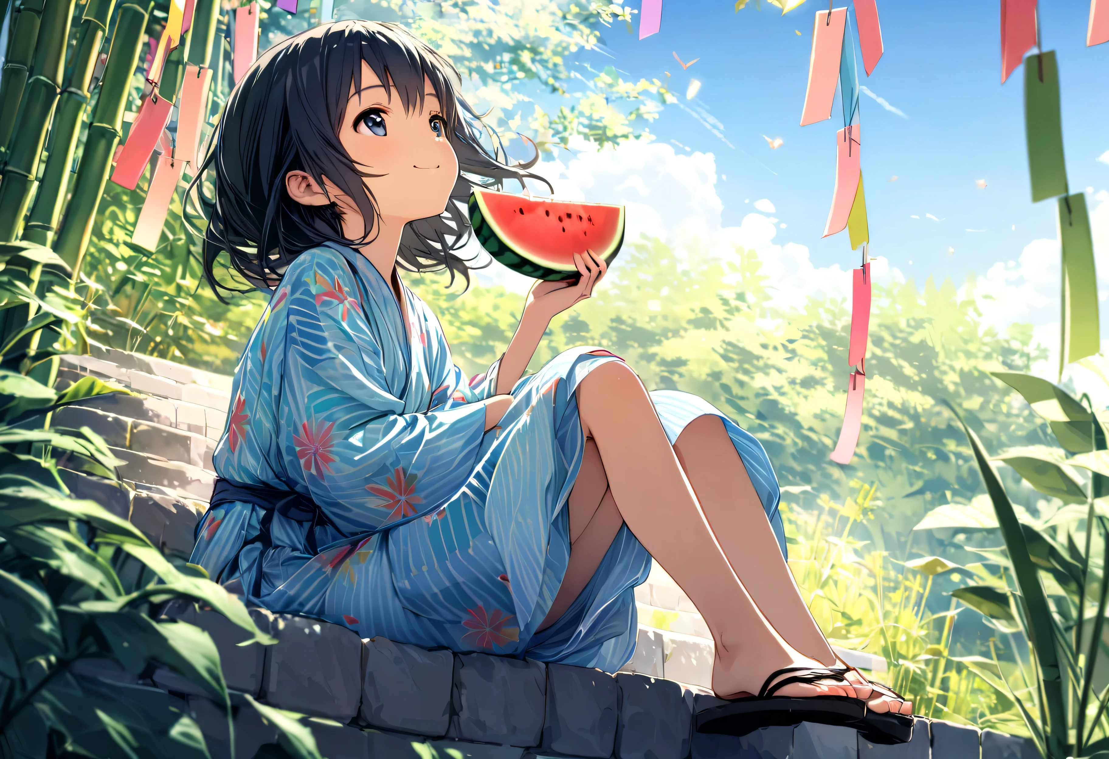 masterpiece, best quality, ultra-detailed, 8k, high resolution, Gentle colors, soft focus, dreamy background, White background, blue sky, Composition from a distance, Outdoor, A wide open space, Colorful Tanabata bamboo decorations, Shooting from the garden, By the pond, Delicate and dynamic, The wind is blowing, Full Body Shot, 1 girl, shiny black hair, very young, Short stature, Flat chest, Wearing a colorful yukata, Wearing sandals, Smile, Looking up at the sky, Sitting on the stone stairs, Eating sliced watermelon, Photographing a subject from below at an angle, Shooting from the garden, in the soft glow of early morning light