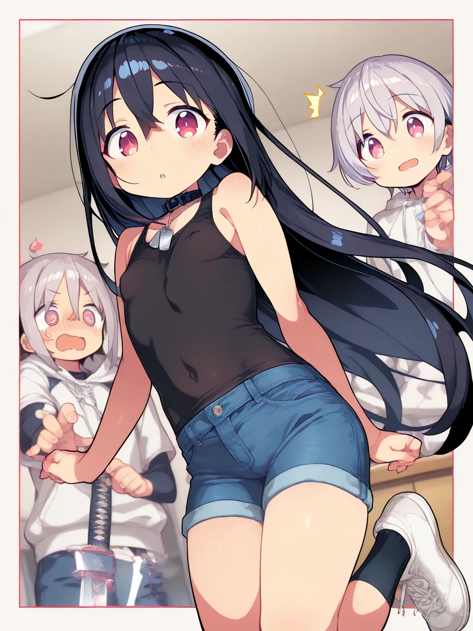 nsfw,(black hair),(very long straight hair),ahegao,(3boys),((1loli)),(nude),(vaginal sex),(hand job),excessive cum