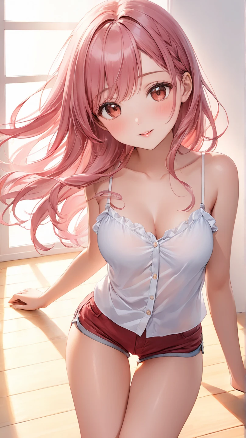 show one&#39;s side、Open your clothes and show me your white bra、、angle from below、on the bed、Skirt myself and show white panties、