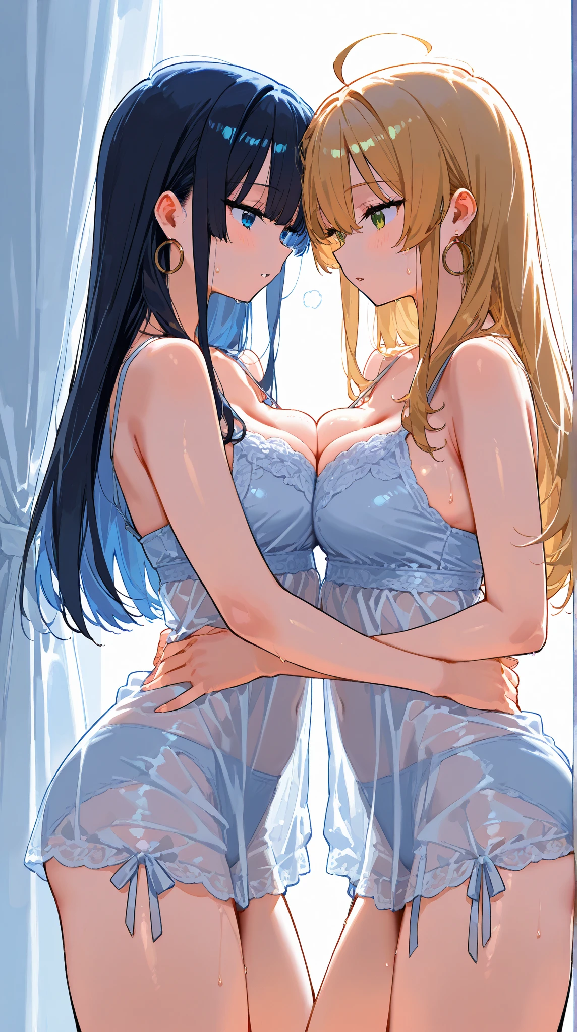 Super detailed、Highest quality、Best image quality、masterpiece、8K、(shoulder-length blonde hair、Medium Long Hair)、(laugh:1.3) 、(cheerful)、(tareme)、(big eyes)、(Beautiful shining eyes)、(High Detail Anime Eyes)、(puffy eyes)、(Big Tits:1.5、topless:1.3)、((SFW Huge Body))、Cowboy Shot、(Thong、カルバンクラインThong、ckundies)、(Two women side by side:1.5)