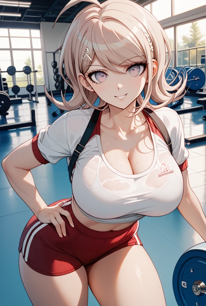 (Best quality,Unbeatable masterpiece:1.4),Ultra-detailed CG 4K,Gilet blanc，Single high ponytail，White split shorts，Huge cleavage，Nipple presentation，Long white hair，AS-Adult，hair covering one eye，smooth thigh，standing with legs apart，in  the gym，Nipple presentation，navel，Lower breast，Breasts enlarged