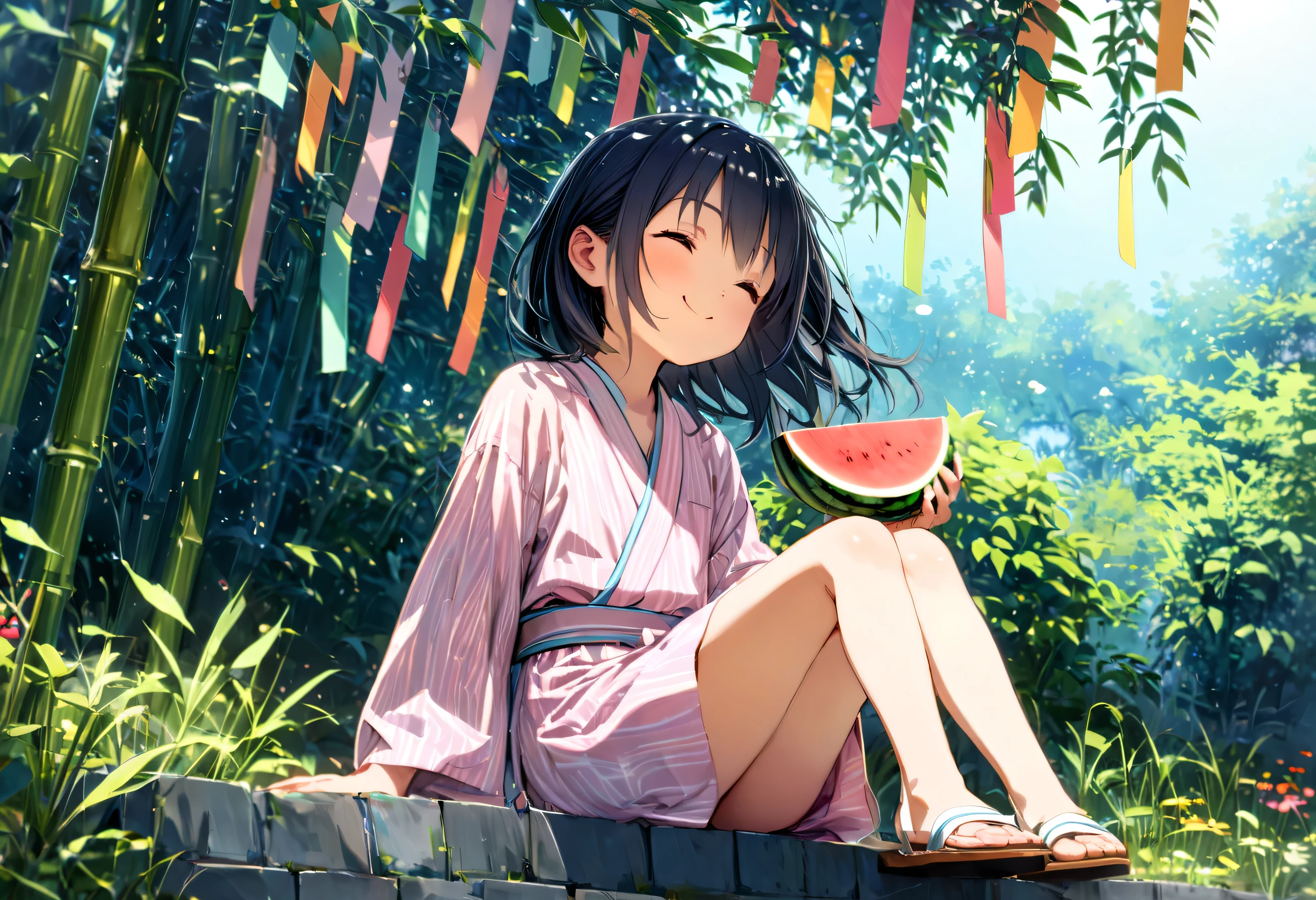 masterpiece, best quality, ultra-detailed, 8k, high resolution, Gentle colors, soft focus, dreamy background, White background, blue sky, Composition from a distance, Outdoor, A wide open space, Colorful Tanabata bamboo decorations, Shooting from the garden, By the pond, Delicate and dynamic, The wind is blowing, Full Body Shot, 1 girl, shiny black hair, very young, Short stature, Flat chest, Wearing a pink yukata, Wearing sandals, Smile, Looking up at the sky, Sitting on the stone stairs, Eating sliced watermelon, Photographing a subject from below at an angle, Shooting from the garden, in the soft glow of early morning light