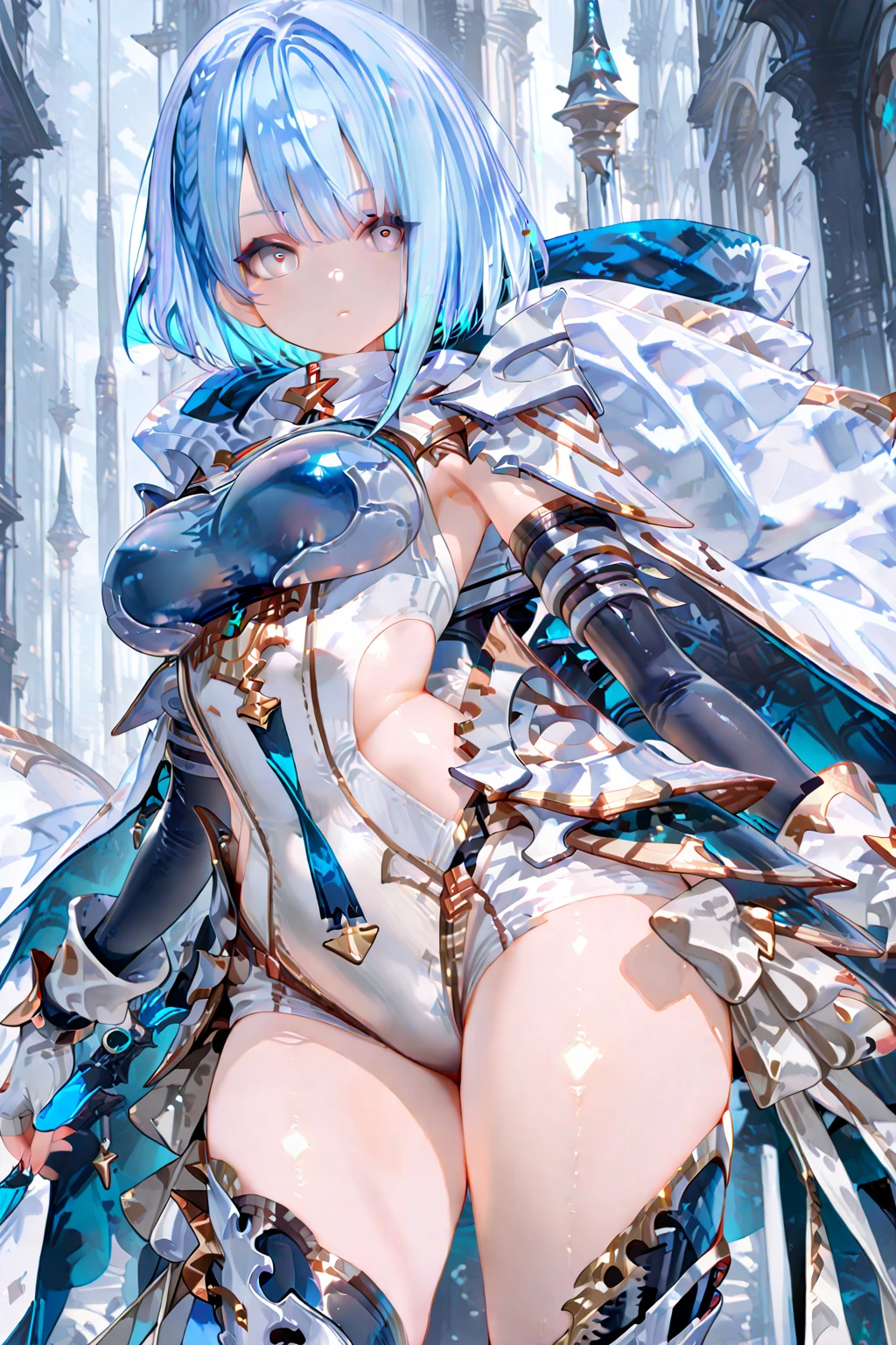 (extreme close-up of thigh:1.5), (The view is from very close below:1.5), Pushing hips forward, (sitting), Open legs wide, spread legs, arms behind back,
ruanyi0051, see-through, elbow gloves,
Europa,Beautiful Eyes,Symmetrical eyes,Blonde,Blue Eyes,Beauty,Tiara with flowers and veil,(Huge hips:1.1),
(Huge breasts, Glamour:1.1),Tight waist,Long legs,curve,
((Highest quality)), ((masterpiece)),(detailed),High resolution,Sharp focus,Perfect Face,{best illustration},((complete anatomy)),
(非常にdetailed CG unity 8k wallpaper),(((Vibrant colors))),Official Art,granblue fantasy,
((detailedなボディ)),(detailedな顔)), cute,erotic,Bold,
very shiny 肌,Shiny body,plastic glitter 肌,exaggerated shiny 肌,illuminated 肌,
(Realistic eyes,Perfect Fingers, Natural skin texture, Realistic facial details),Camel Toe,(erection of nipple),
(Flying debris, 超High resolution),(((Light blue and white theme))),Wear an iridescent aura,
Invisible Light, Amazing shine, Sky blue glow, The colors of another world,
Bright colors, Ghostly Effects,Surreal Landscape,
smile,Open your mouth,
embarrassed,
wood々buried ruins,Rubble pile,weed,cracked cobblestone,Mossy wall,Waterway,Plants are overgrown,