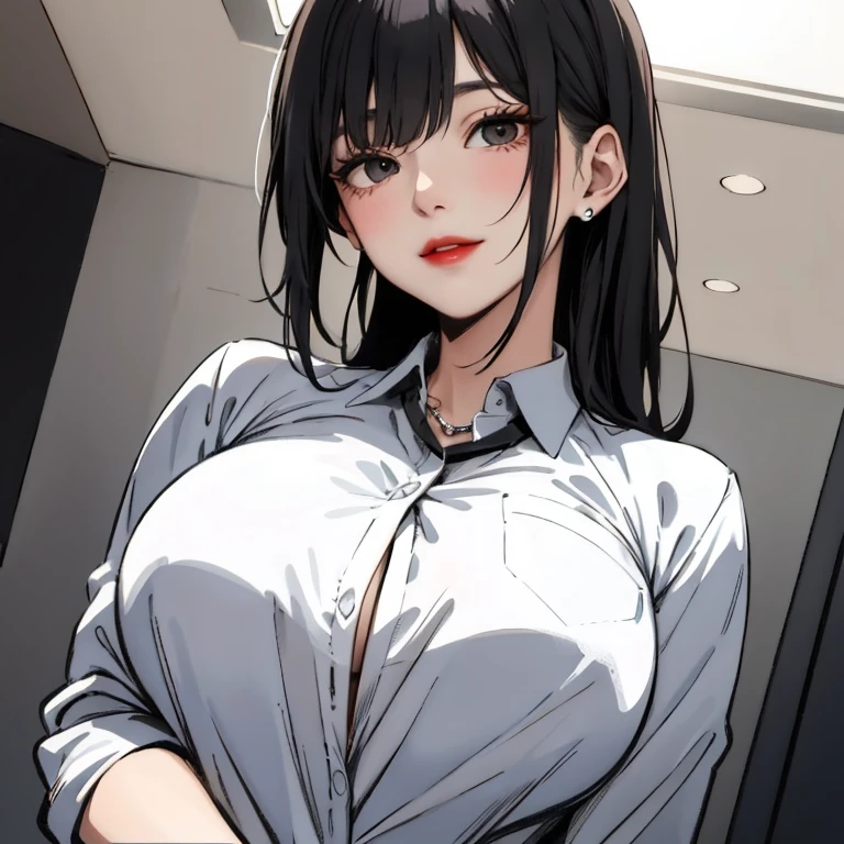 leaning forward, Shooting from above、Upper Body,
Realistic, real person, (pale skin: 1.2), RAW photo, photorealistic, shiny skin, shiny hair、(A 2 woman with medium-length hair and bangs) and (wavy hair) and (brown hair) and (orange eyes) ,
(Wearing a business suit:1.5) and (Wearing a white collared shirt)、
(Cleavage:1.2)、(blush:1.5),open mouth,The background is the conference room、(alone:1.5)