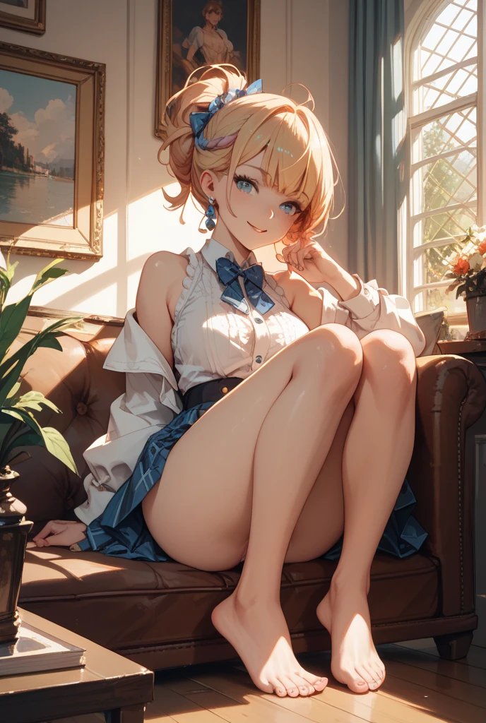 (A very cute 20 year old young woman from Japan),  ((bright blonde delicate hair)), ((messy side wave short hair)),(((Slender and slender body type)))，medium bust size､small breasts､ (((Clean hands)))，(curly hair)，(((very kind smile))), (((she wears random colored panties)))，(((she is wearing a random colored bra))) ((top quality, 16K, table top: 1.3)), light shines on your face, highly detailed face, highly detailed lips, fine eyes,
