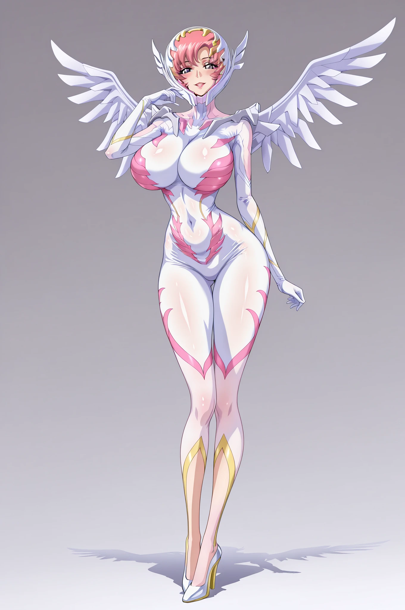 8k ((full body view:1.4)) (large eyes:1.3), defined cheekbones, 1woman, ((woman has no face, ((sleek silver bodysuit:1.4)) (detailed face:1.5), silver skin,(puffy lips:1.5) (silver skin:1.5), (bald woman:1.4), (skinhead) ((stands confident)),(Muscular:1.3), ((gigantic breasts:1.5)) ((side view:0.6)), )highly detailed, majestic, digital photography, art by artgerm and ruan jia and greg rutkowski, ((metal wings on back)), (masterpiece, sidelighting, intricate details