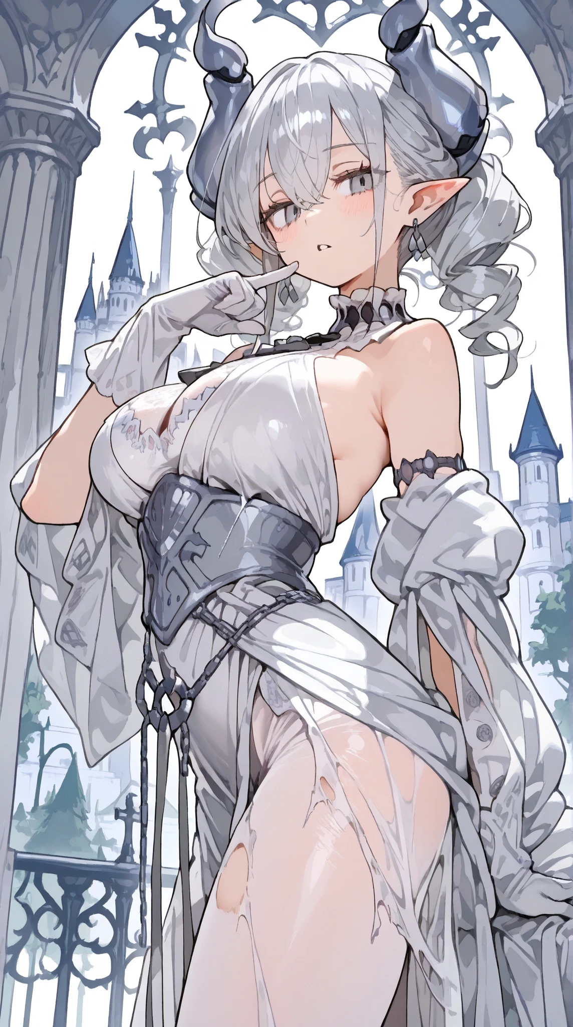 ((masterpiece,best quality)), 1girl, labrynth, , short hair, silver hair , fixed eyes , horn, no underwear, expensive high heel, sitting, from below, smile, legs crossed, fixed fingers ,