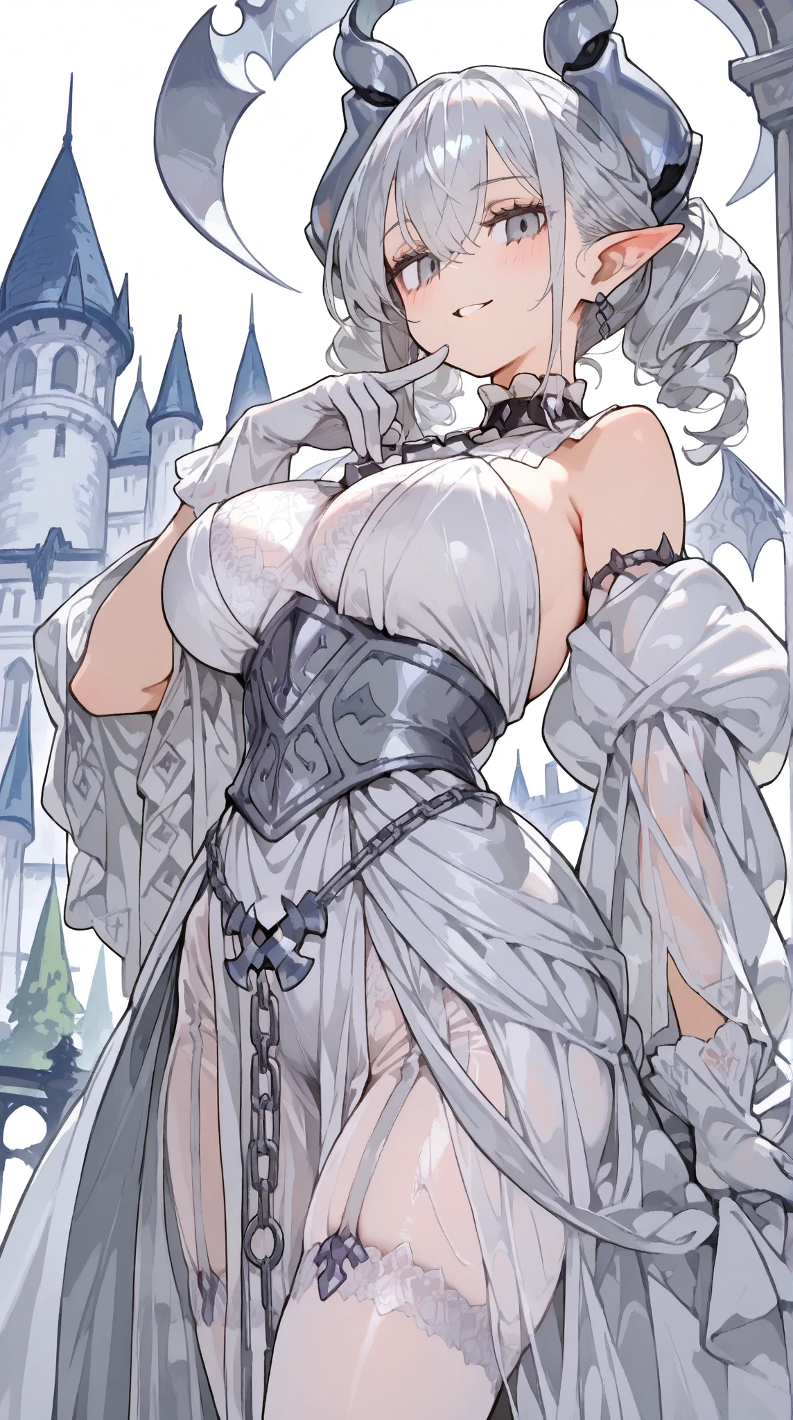 One girl, labrynth, Silver Hair, Grey Eyes, big breasts, horn, Cleavage, silver castle, Exquisite, blush, Nervous,Cowboy Shot, ,High quality generation of dark female characters, Unreasonable,Her figure is terribly beautiful, Emphasizing the dark and crazy elements. Skillfully expressing the effects of light and shadow, detailed, The face and expression of the black costume are also carefully drawn.., Artistic elements add depth to the work, With a unique artistic touch. This film is visually stimulating and aesthetically pleasing., It will terrify and excite the audience... I create works that combine the dark and Unreasonable worldview of horror movies with artistic elements