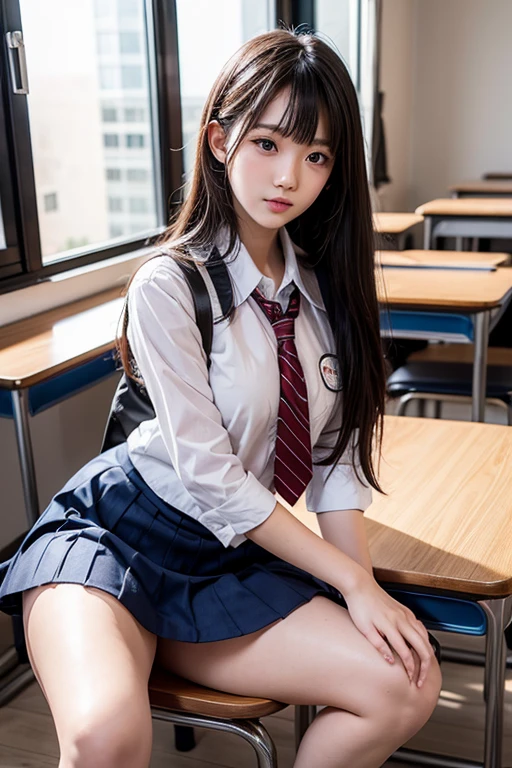 (2young girls), (highly detailed Beautiful face), Amazing face and eyes, (Best Quality:1.4), (Ultra-detailed), (extremely detailed CG unified 8k wallpaper), Highly detailed, High-definition raw color photos, Professional Photography, Realistic portrait, Amazing face and eyes, Pink eyes, (hi-school uniform, pleated mini skirt:1.3), twintails, brown hair, model, (white underwear:1.3), (((Bokeh))), depth of fields, School, classroom, sitting, view from below,