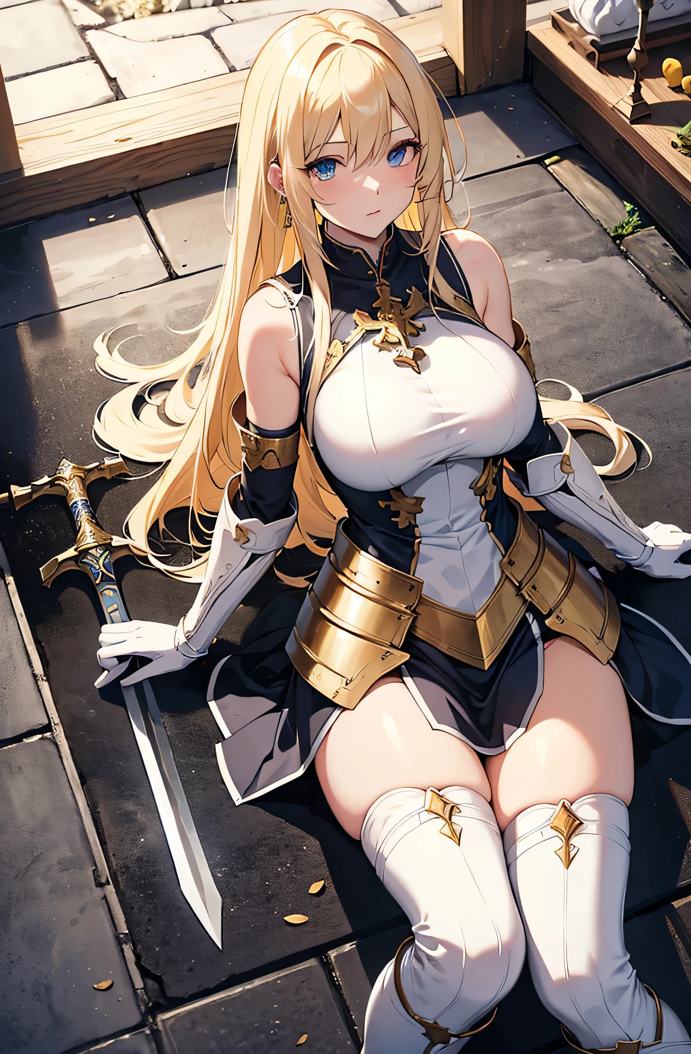 4k,High resolution,One Woman,Cream colored hair,long hair,Braid,Green Eyes,knight,White leotard armor,Full Armor,Heavy Armor,Black shoes,Fishnet tights,Gold decoration,Long sword,Plains