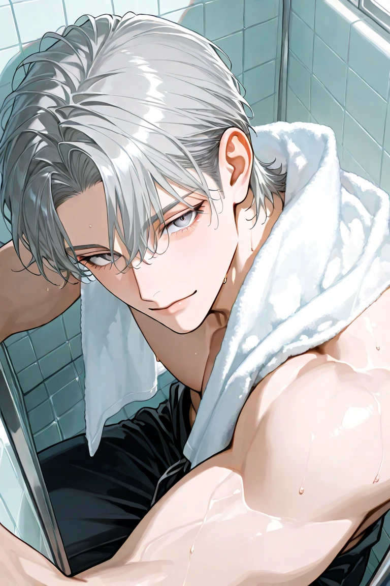 create panel in the art style of mo dao zu shi hybrid character with wolf ears,masculine and dominant gender, short wolfcut white hair , purple raven iris eyes,pale skin, inside a large public bathtub, sexy expression and slim defined body.