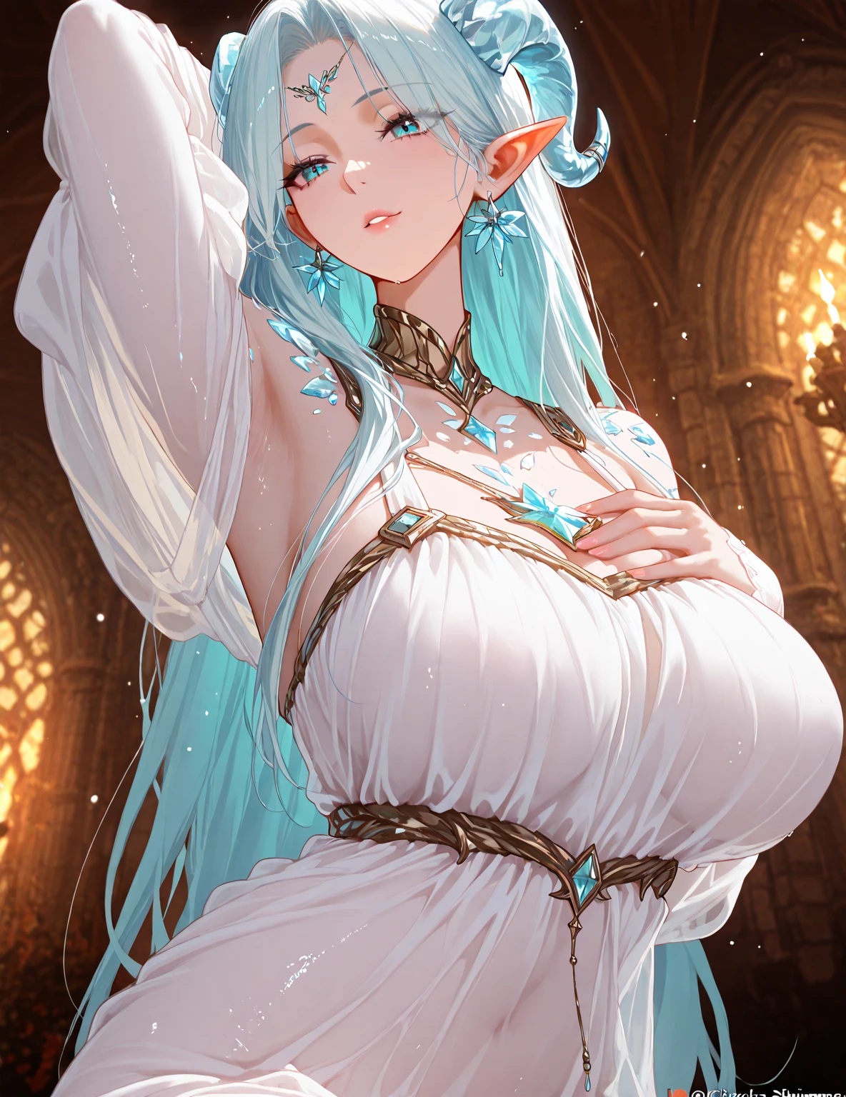 Young woman with chains and blue hair and elf ears with white horns in a destroyed cathedral dirty and abandoned while it rains aggressively at night in a sexy white wedding dress all wet, ((chifres brancos)), Ela tem um corpo volumoso e os seios, breasts and bust are huge, ela tem um rosto macio delicado lindo e perfeito. Water particles as your hair flies, foice grande e detalhada.