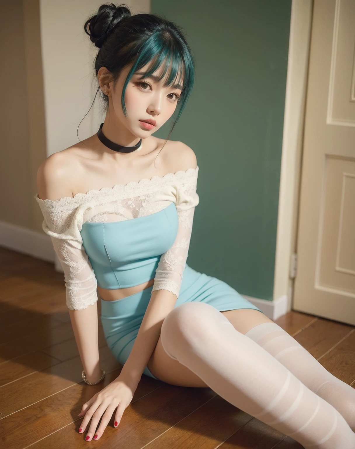 ((Best quality, 8k, Masterpiece :1.3)), Full body, Sharp focus :1.2, Beautiful woman with perfect figure :1.4, Slender stomach :1.2, ((cyan hair)), body dress : 1.1 , (Night city view , Bedroom :1.1), Highly detailed facial and skin textures, Detailed eyes, Double eyelids, Interior view, Office, Sweet smile, Beautiful pose, Hair tie pose, Dress modestly, short sleeves, shorts, ((cyan hair color)), 20 year old teenager.