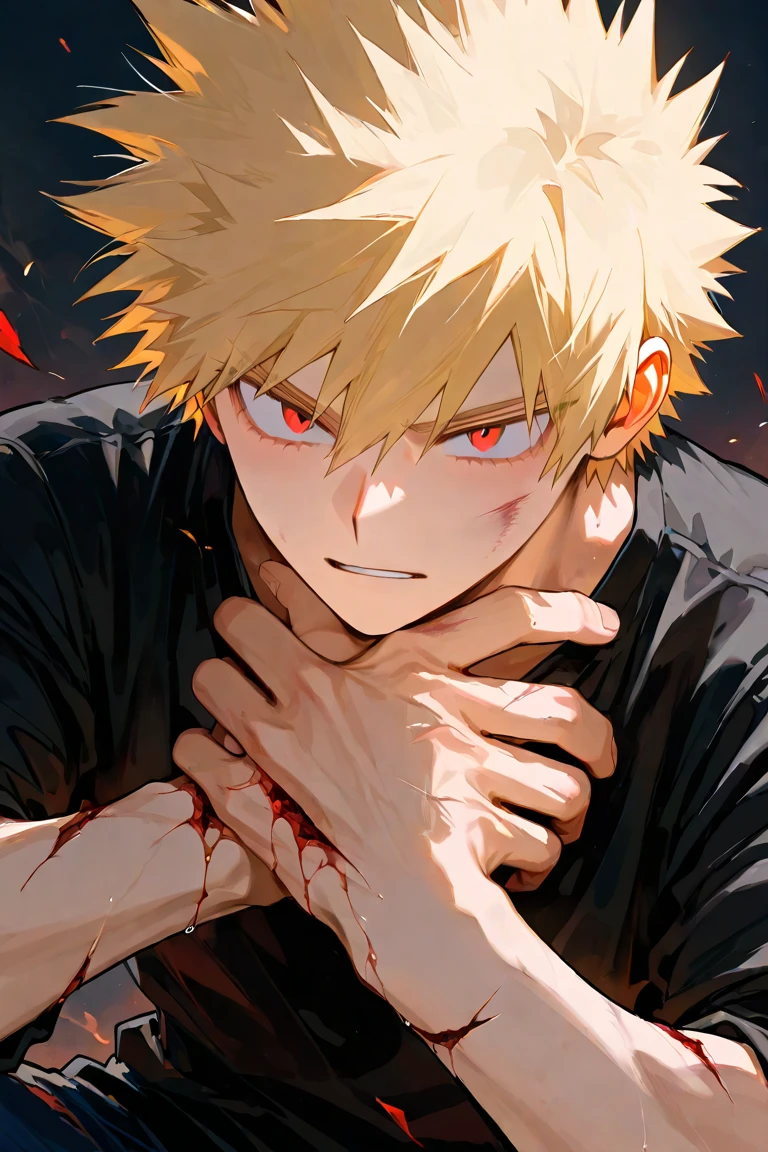 (masterpiece, best quality), uzumaki naruto, 1boy standing in an ocean of blood, red katana, glowing eyes, corpses, blood, blonde hair, blue eyes, short hair, black turtleneck, blurry foreground, <lora:Naruto:1.0>
