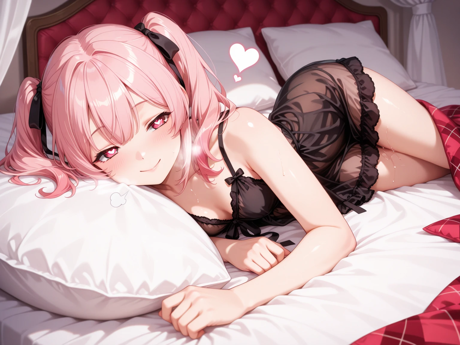 One girl、Pink hair、PastelColors、Cute、blush, tiny chest, christmas, christmas underwear, bedroom, hentai, night