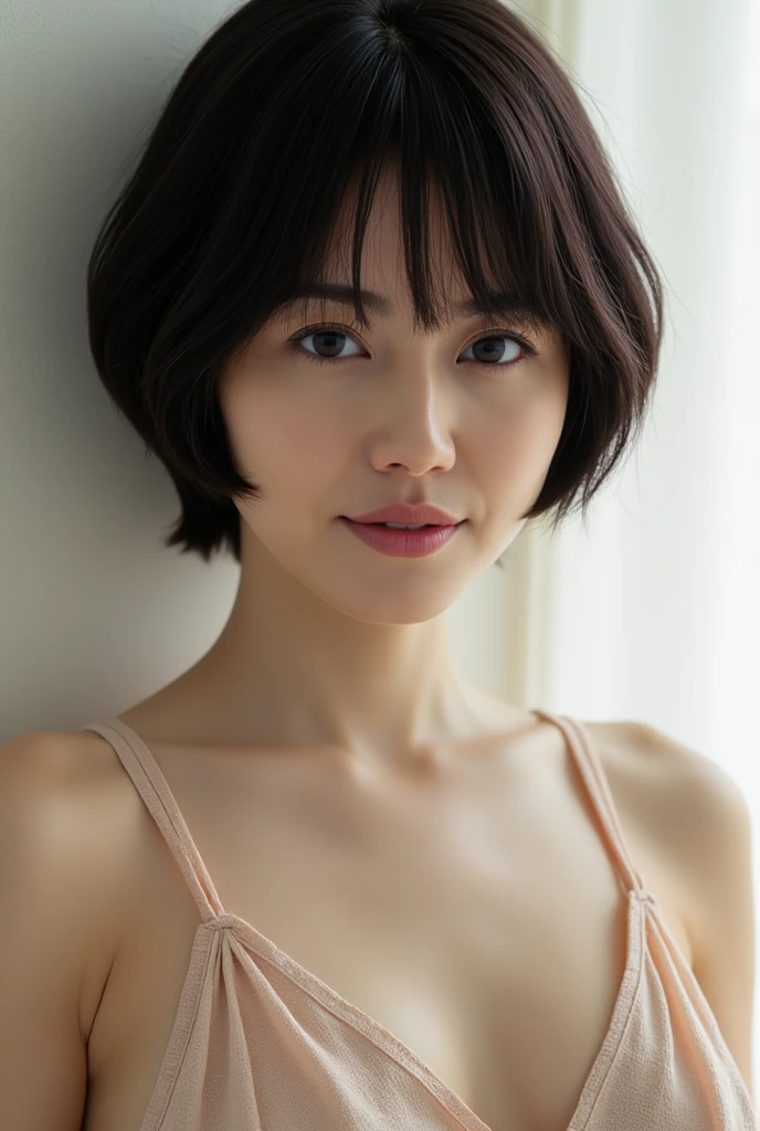 ((highest quality, 8k, masterpiece: 1.3)), woman (full body portrait, front, lace underwear, wet clothes, big breasts, cleavage, in the shower room), overhead camera, sharp focus: 1.2, cute woman: 1.4, ((hairstyle random)), wet hair, wet body, highly detailed face、skin、hair texture, detailed eye, double eyelid, 白いskin, beautiful and delicate nose, かわいい若い日本のwoman, 13 years old, at a dynamic angle, eyeに心地よく、Thought-provoking composition, emphasize the subject'hair, eye, words and actions, Although the calm tones and the contrast between light and shadow create a characteristic melancholy feeling.、..short hair、フィリピンと日系のハーフのかわいい13 years oldのwoman,日焼けしたskin、(((big breasts:1.2)))
