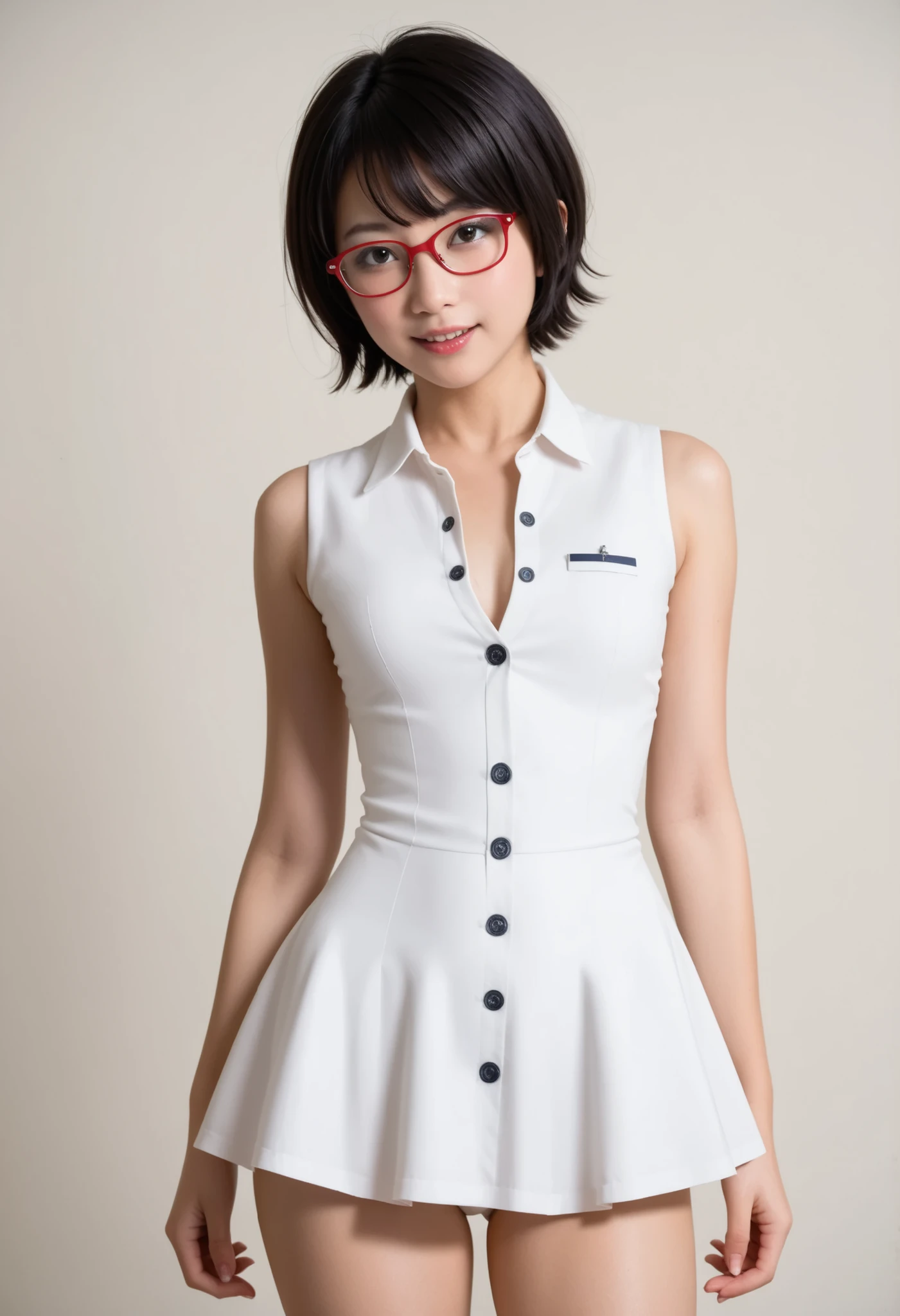 (8k、Born、Professional、top quality、masterpiece:1.2)、very detailed、(18 years oldの女性のポートレート)、(高いest Detail Skin:1.2)、(高いest detail face:1.2)、 1 female、18 years old、((short black hair with waist:1.2)), 8k, (top quality), realistic, (live-action, Delicate Details), (in white swimsuit, detailed skin depiction, Ultra-realism, Sharpness), Japanese woman · ((Wear a red micro dress with strings on the sides to your ,  Button front dress,  no sleeve , glasses)),  ((Wavy Short Hair, pixie cut hairstyle)), (cute face,), thighs,  doodle:1.5, Street Art, hard writing:1.3, 