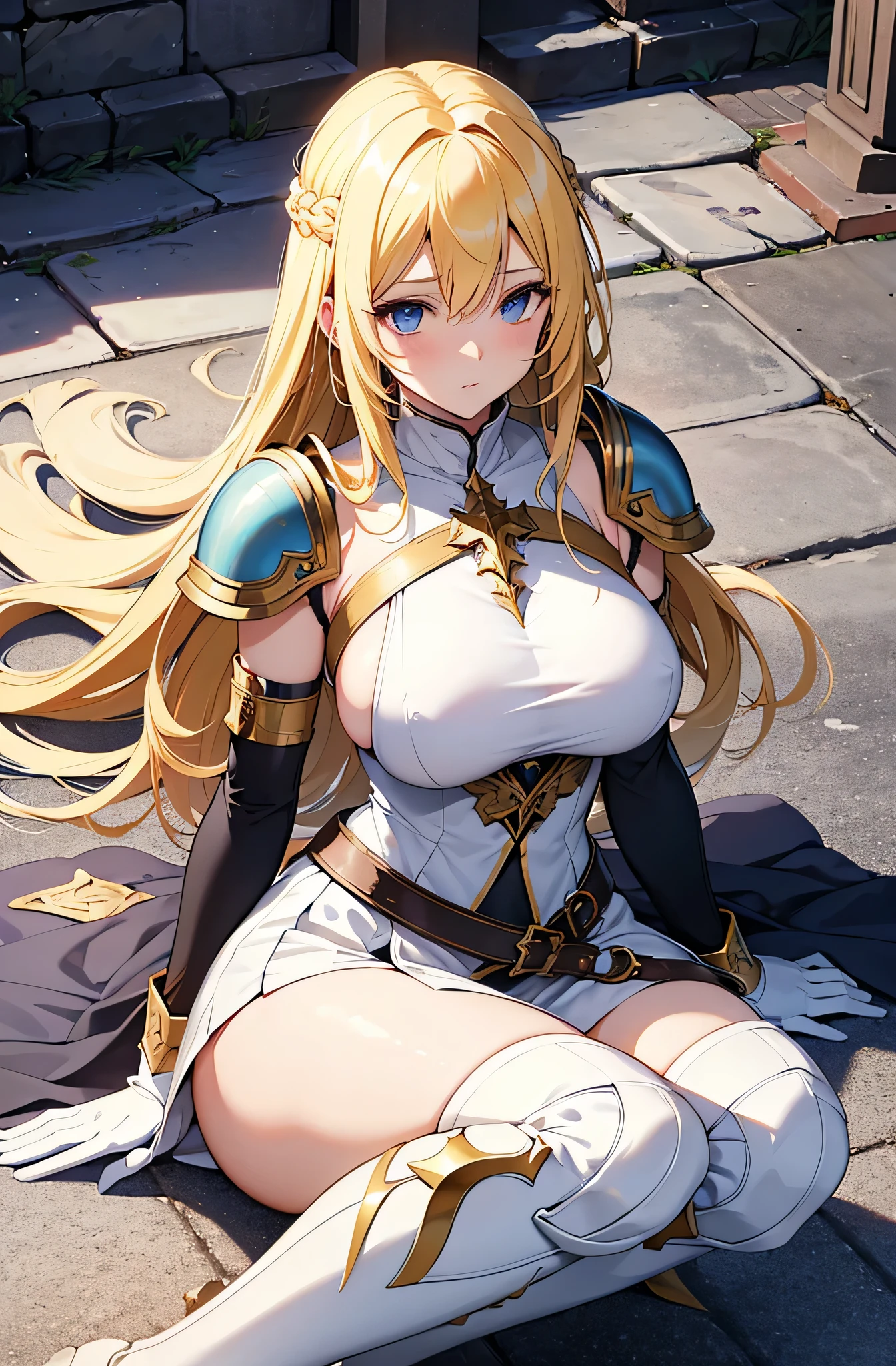 (8k, raw photo, Best Quality, maestro:1.2), (anime-anime photo:1.37), ultra detailed, 1 girl, beautiful, alone, Beautiful detailed blue sky with fluffy clouds, (blush), (whole body: 1.1), (smile: 1.1), (shut up), big breasts, Beautiful and delicate eyes, (Blue armor with intricate engravings of leaves and flowers, has a gorget, shoulder pads, gorjal, peto, backrest, codales, bracers, gauntlets, hidden, Don Quixotes, kneepads, greaves and scarp : 1.1), Golden metal pieces covering her shoulders and arms, Dark brown leather belt with metal buckles, tight leather pants, Brown leather boots, A cross adorns his chest, (long blonde hair: 1.2), flowing hair, high contrast, Proporciones de whole body, (astride, stretch the legs, thin legs), Chest closeup, full color.
