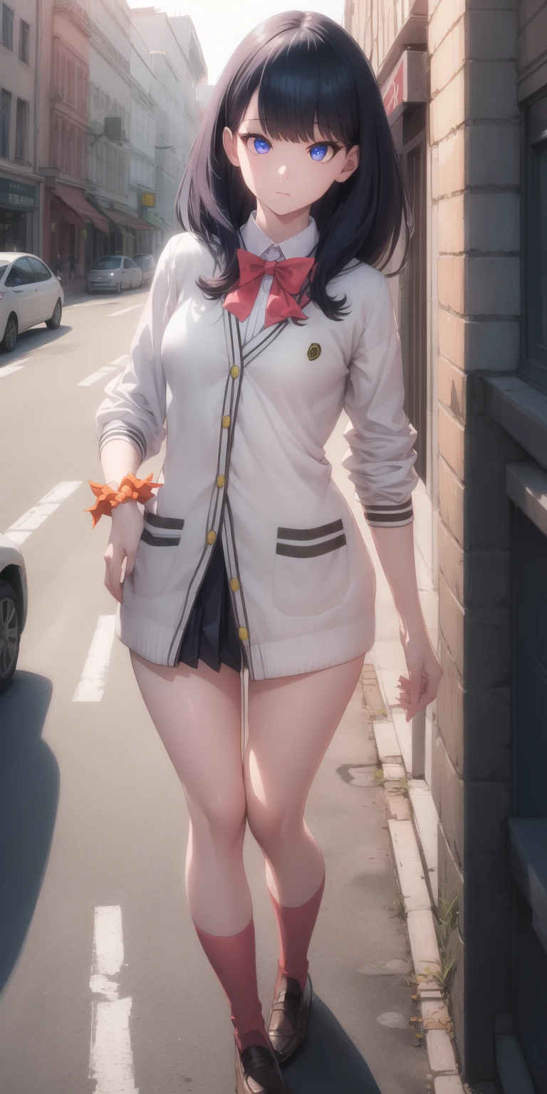 realistic image, coherent image, detailed image, 1 beautiful girl. She has braided purple hair that goes behind her back and a hairpin on the right side of her. Pink violet eyes, long eyelashes. Her face is oval and delicate. smiling seductively. She is wearing a sleeveless top, showing her navel, pleated mini skirt. She has a curvy body, big breasts and thick thighs. She has her arms hidden behind her back, showing her breasts. view of her full body. cherry petals falling. natural lighting in front, volumetric lighting,wearing high boots,high heels.