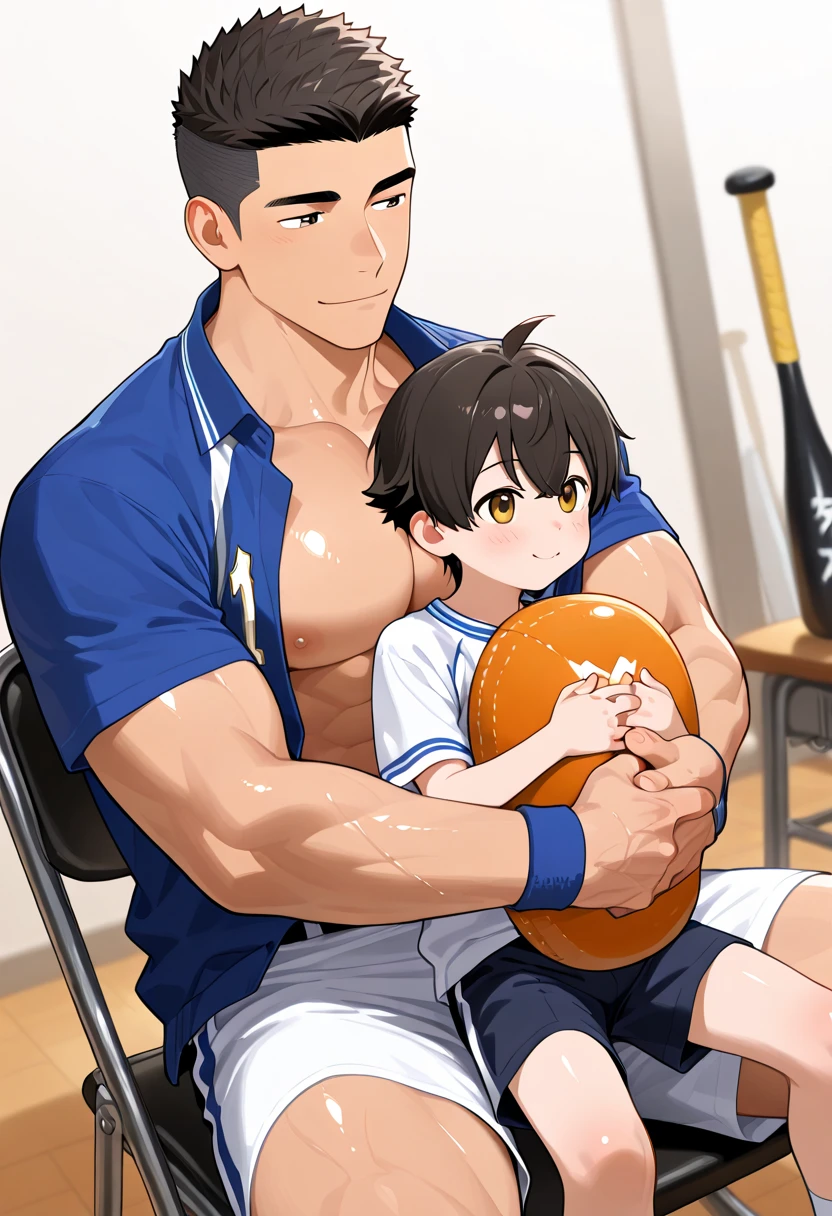 A grownup Ash Ketchum and from Pokémon and his long-lost twin brother flexing their biceps under hypnosis with glowing red eyes as they grow into big dumb sweaty muscular football jock bros wearing a football uniform and cleats in a locker room. Hyper muscles. Massive muscles. Big biceps. Big triceps. Big traps. Broad shoulders. Big pecs. Bulging crotch. Hyper crotch bulge. Dumber and dumber. Blank stare with open mouth while saying, "I am a dumb jock.... I obey.... Dumber and dumber.... Yes, Coach.... Huhuhuhuh...." Slumped shoulders. Hypnosis. Brainwashing. Bigger and dumber jock bro. Assimilation. Transformation into big dumb muscular jock bro. Slumped shoulders. Massive crotch bulge. Bulging glutes. Thick stubble. Hairy armpits. Repeating triggers to be dumber and dumber each time they say them to think and focus only on growing muscle and being the perfect football jocks.