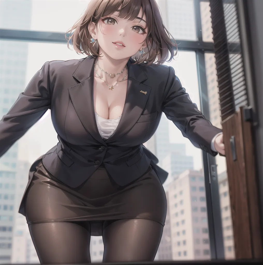 "Devious Curvaceous Japanese dominant aged office lady confront me with curiosity and holy gaze to seduce and play with me like a suagr mommy seated on the office armchair with full authority and unmatched beauty, 3, height 163cm, business chic with hidden curves (92-63-93 cm), ample E-cup breasts concealed under blouse, slender 63cm waist, full 93cm hips, shapely legs, clear fair skin (RGB: 255, 233, 209), oval face with soft features, almond-shaped eyes (dark brown, RGB: 54, 38, 22) with double eyelids, straight nose, full lips with natural pink color (RGB: 222, 165, 1) in a professional smile, long black hair styled in an elegant French twist updo, subtle makeup suitable for office with focus on eyes and neutral lip color, wearing a crisp white blouse with top buttons open hinting at cleavage and a waist corset, form-fitting dark gray pencil skirt accentuating hips and ending just above knees, black 3-inch devious heel pumps and sheer shiny 20 den pantyhose, delicate pearl necklace and earrings, standing confidently with one hand on hip in a modern office setting with floor-to-ceiling windows, Tokyo skyline view in background, soft natural lighting mixed with office fluorescents, corporate portrait style with a touch of glamour, shot with Sony A1 mirrorless camera, 85mm f/1.4 GM lens, ISO 200, 1/160 sec, 50MP resolution, focus on professional appearance with subtle emphasis on curves --ar 2:3 --q 2 --s 850 --v 6.0 --style raw"
