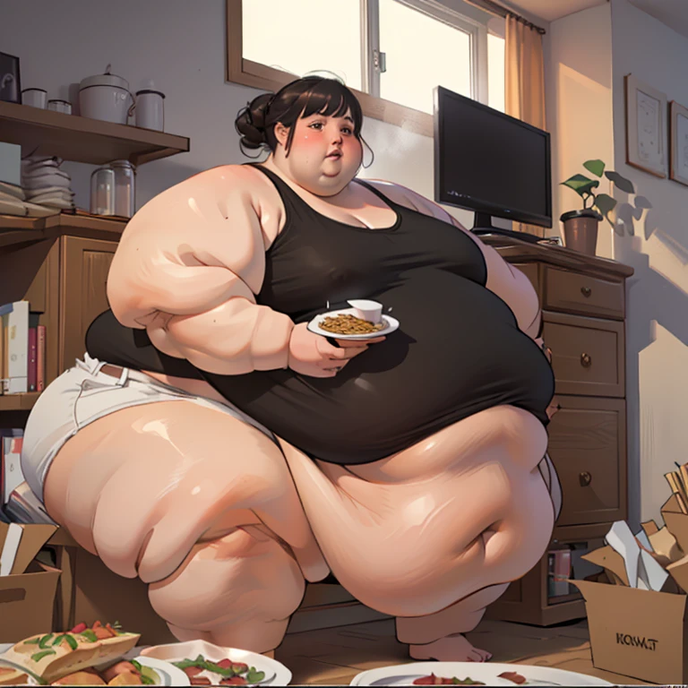 (masterpiece, best quality, highres, detailed, realistic:1.2), teenage black african american woman, USSBBW, (morbidly obese:1.3), (fatblob:1.3), detailed face, beautiful face, high aesthetic, panties, salivating, eating a bucket of fried chicken, messy, slob, living room, surrounded by worried family members