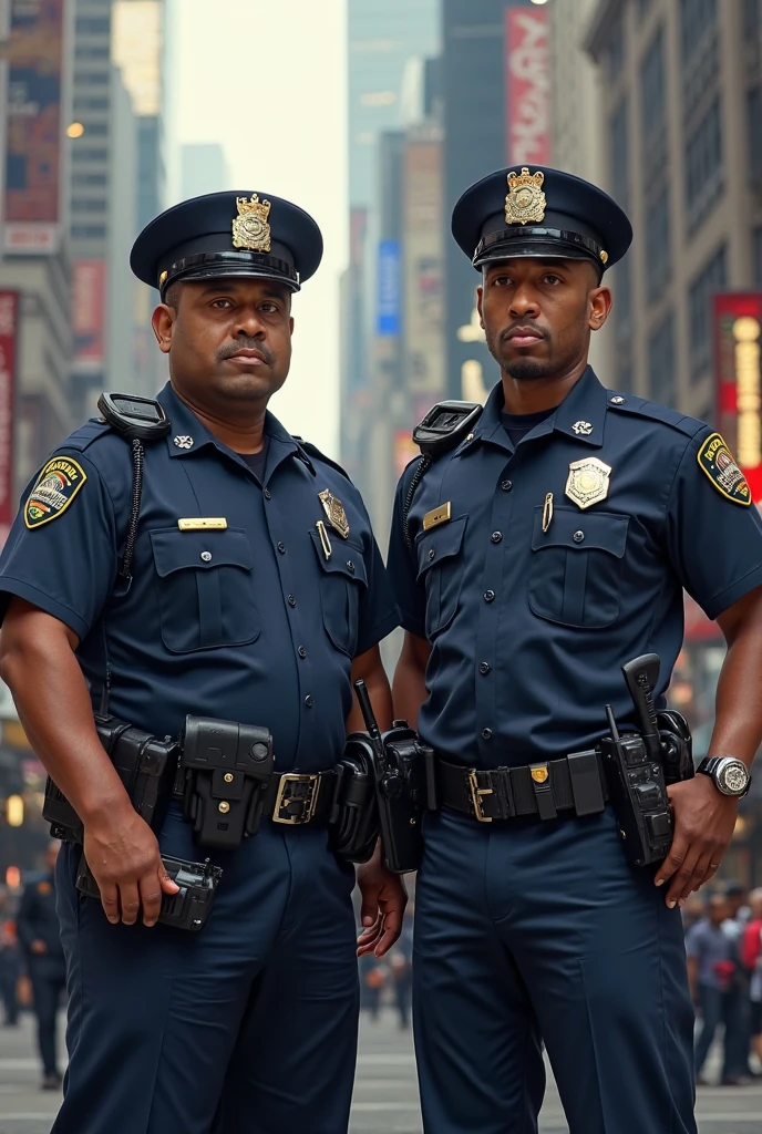 Two police officers in blue uniforms standing next to each other with sunglasses
