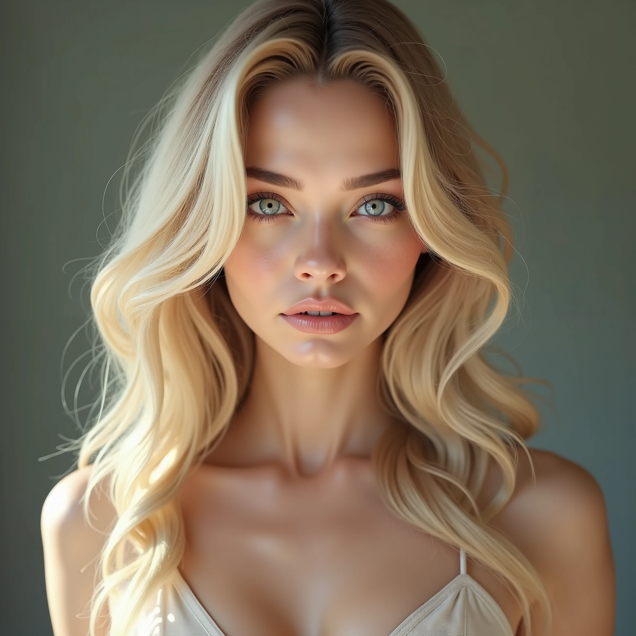 Full-body 3D photorealistic portrait of a young Margot Robbie lookalike, age 18, standing naturally. Long, voluminous wavy blonde hair, expressive light blue eyes with a captivating gaze, defined cheekbones, full soft pink lips slightly parted. Flawless facial symmetry, beauty editorial style. Slim attractive figure with large natural breasts (D cup), very narrow waist (~60 cm), rounded hips (~90 cm), long slender legs, flat abdomen, subtle collarbone, fair smooth skin, minimal muscle tone, graceful shoulders, elegant smooth posture. Ultra-high detail, visible skin pores, soft skin texture, cinematic lighting, soft glow, shallow depth of field, smooth bokeh background. 8K resolution, hyper-realistic, ultra-clean image.