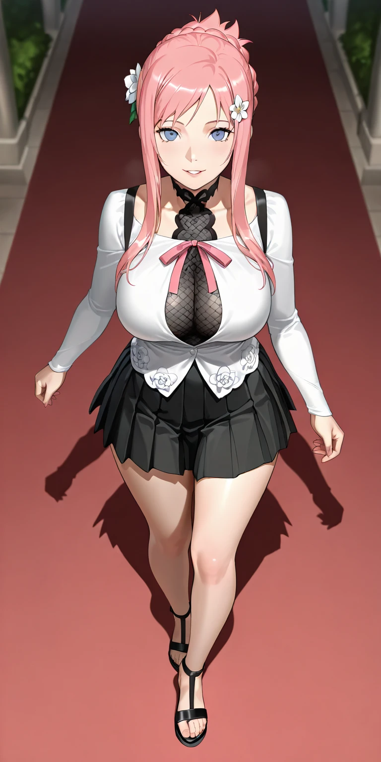 masterpiece, best quality, highres, Nakano nino, 1girl, solo, pink hair, long hair, busty, butterfly hair ornament, huge breasts, cleavage, Green short skirt, white Transparent shirt, collared shirt, Sleeveless shirt, open clothes, black stocking, Black lacy bra, short sleeves, skirt lift, upskirt, Black lacy underwear, looking at viewer, annoyed, blush, full body, standing, simple background, arms behind head, (((hard ))), (erotic pose:1.4)