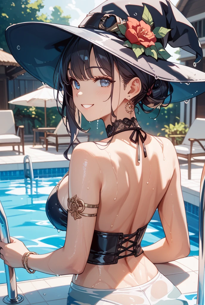 Cinema Lighting、highest quality、1 female、(Beautiful 25 year old woman、Beautifully detailed facial features and hair、hair length to the ears,、blue eyes、smile:1.4)break(Glasses:1.5),short hair、(Black Hair、Shiny Hair:1.5)break(Temptation Pose、Navel and arm exposure、Big and cleavage:1.4)Black Hairの毛、BREAK.黒色の髪色のshort hair(セクシーで魅力的なビキニ👙水着:1.4)Wear only swimsuit(Tropical Pool、Moonlight、An empty poolside at night:1.5)
